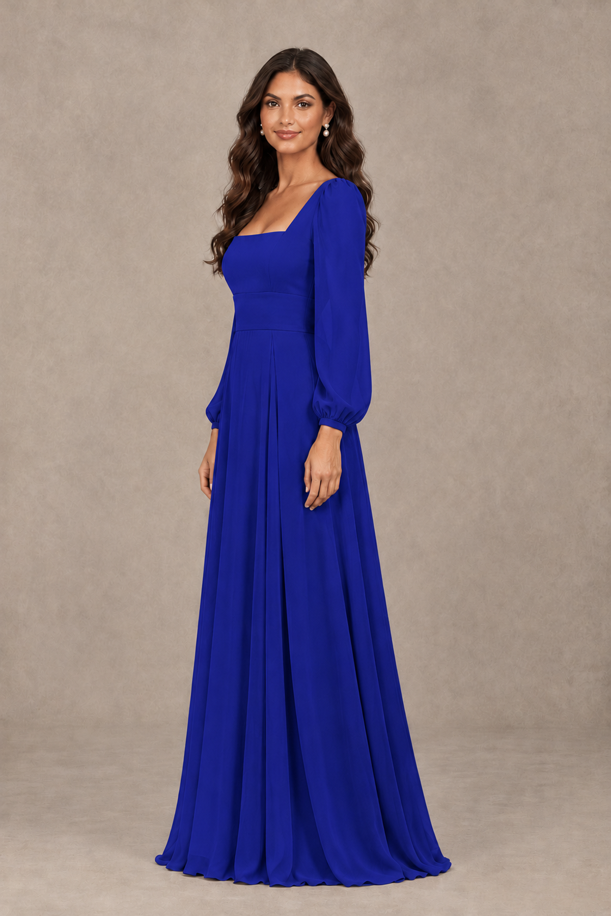 BOLODOO Royal Blue Square Neck Long Sleeve A-Line Bridesmaid Dress - Royal Blue - Royal Blue_4