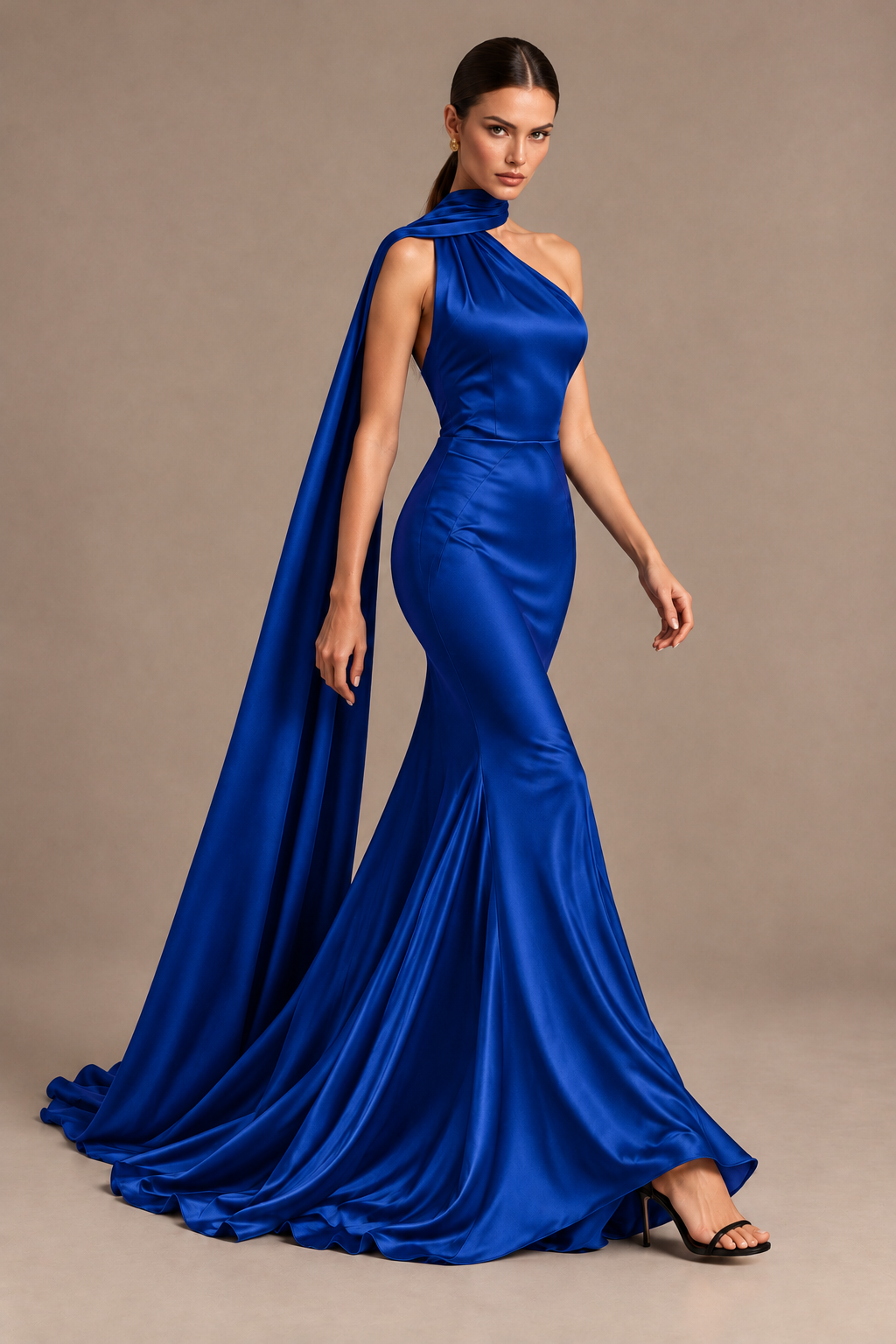 BOLODOO Royal Blue One-Shoulder Satin Mermaid Evening Dress with Scarf - Royal Blue - Royal Blue_4