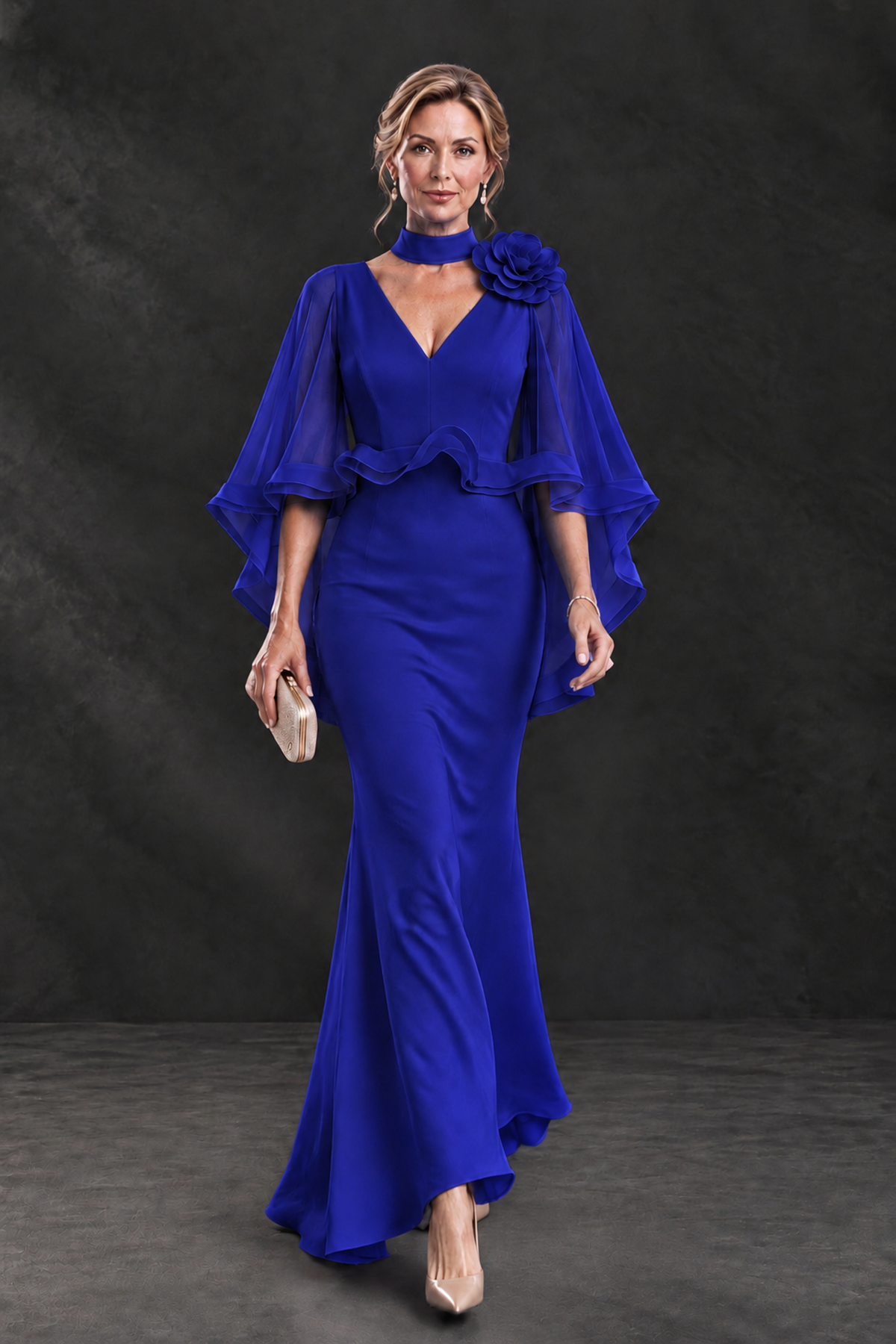 BOLODOO Royal Blue Floral Cape Sleeve Mother of the Bride Dress - Royal Blue - Royal_Blue_4