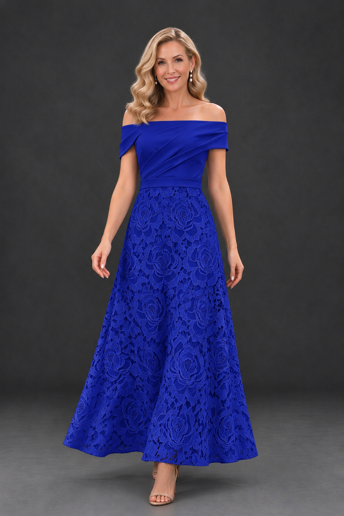 BOLODOO Royal Blue Off-the-Shoulder Floral A-Line Mother of the Bride Dress - Royal Blue - Royal Blue_4