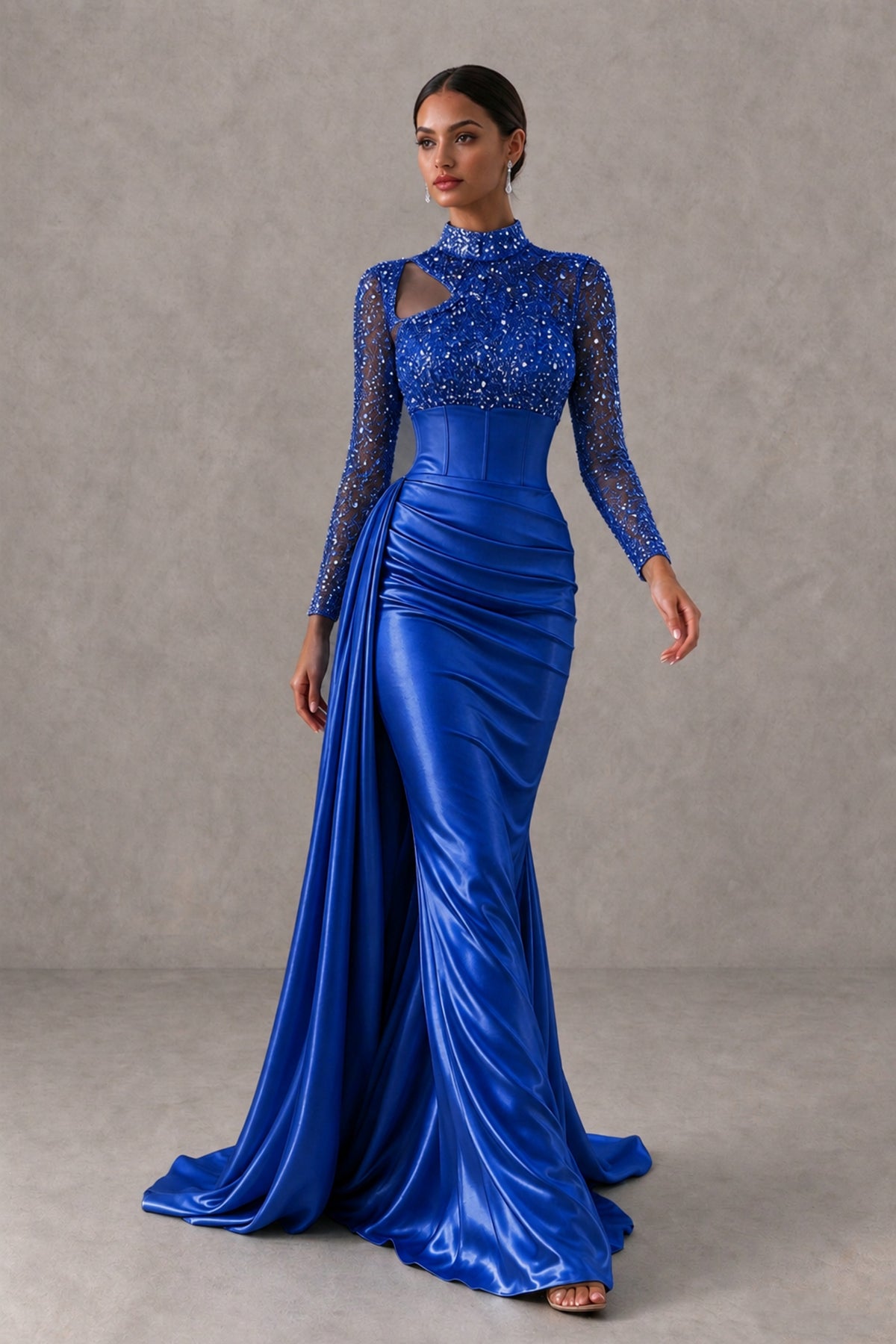 BOLODOO Royal Blue Long Sleeve Embellished Satin Mermaid Evening Gown - Royal Blue - Royal Blue_4