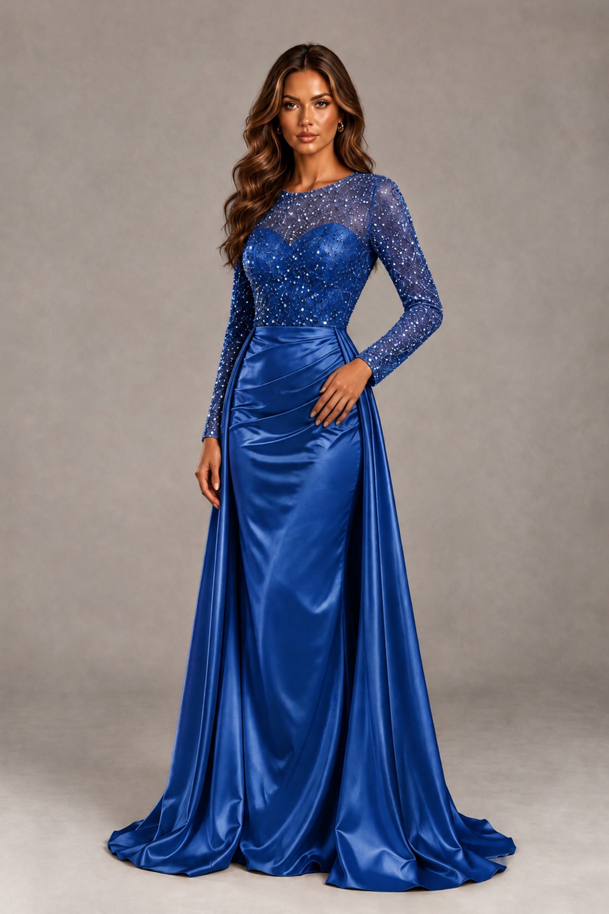 BOLODOO Royal Blue Long Sleeve Embellished Satin Evening Gown with Sweep Train - Royal Blue - Royal Blue_4