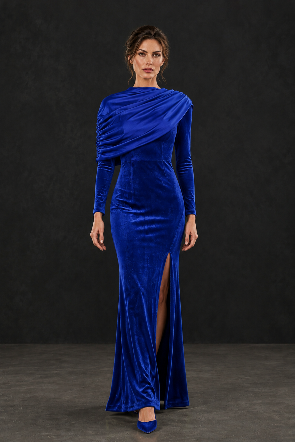 BOLODOO Royal Blue Velvet Long Sleeve Draped Mother of the Bride Dress - Royal Blue - Royal_Blue_4