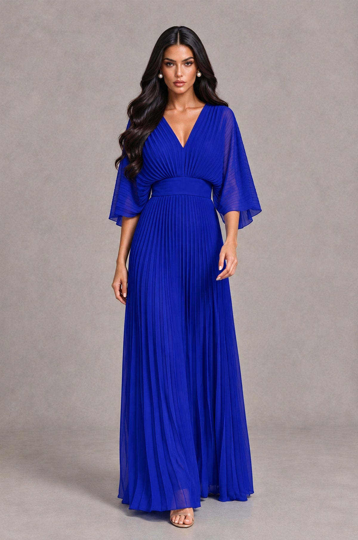 BOLODOO Royal Blue V-Neck Pleated Flutter Sleeve Formal Dress - Royal Blue - Royal Blue_4