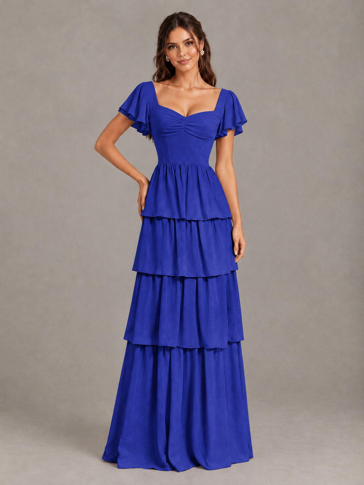 BOLODOO Royal Blue Flutter Sleeve Tiered Maxi Bridesmaid Dress - Royal Blue - Royal Blue_4