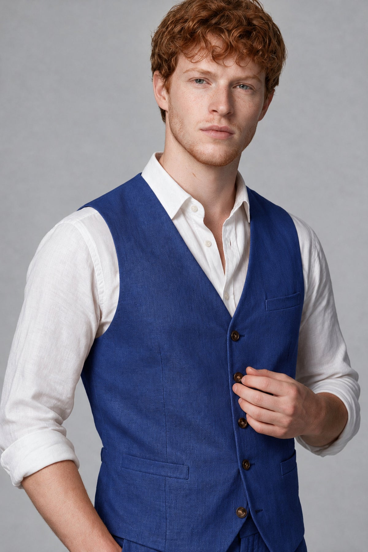 Bolodoo Men's Royal Blue 2-Piece Vest and Pants Set with V-Neck Waistcoat - Royal Blue - Royal Blue_4