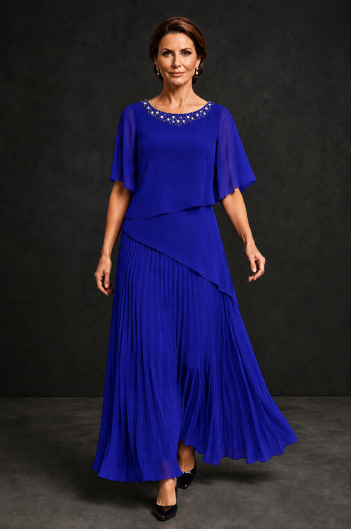 BOLODOO Royal Blue Pearl Beaded Neck Asymmetric Tiered Flutter Sleeve Pleated Chiffon Maxi Dress - Royal Blue - Royal_Blue_4