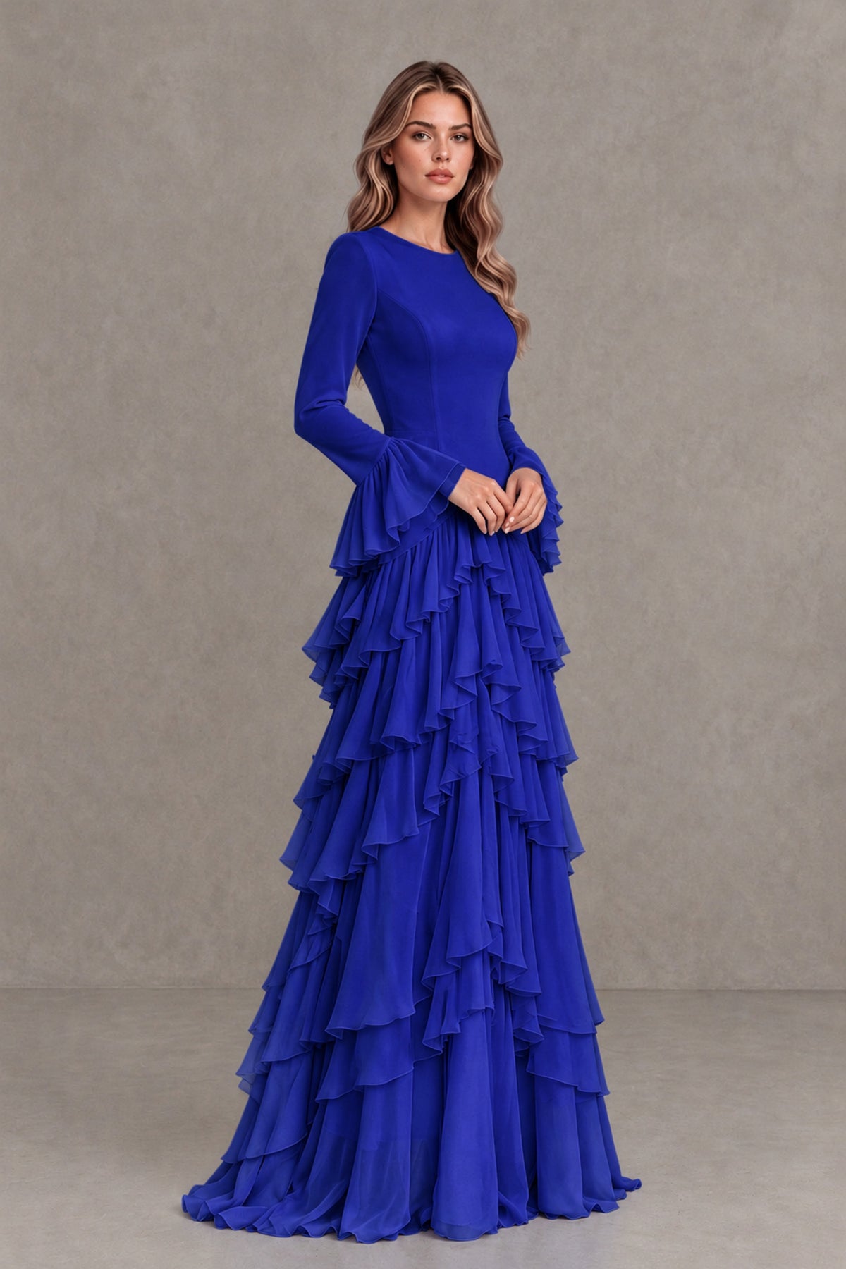 Royal Blue Long Sleeve Tiered Ruffle Evening Gown - Royal Blue - Royal Blue_4