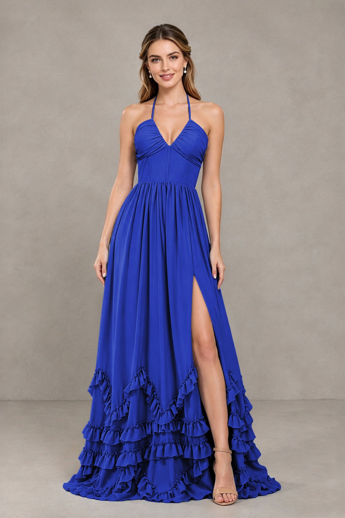 BOLODOO Royal Blue Halter Ruffle Hem A-Line Bridesmaid Dress with High Slit - Royal Blue - Royal Blue(4)