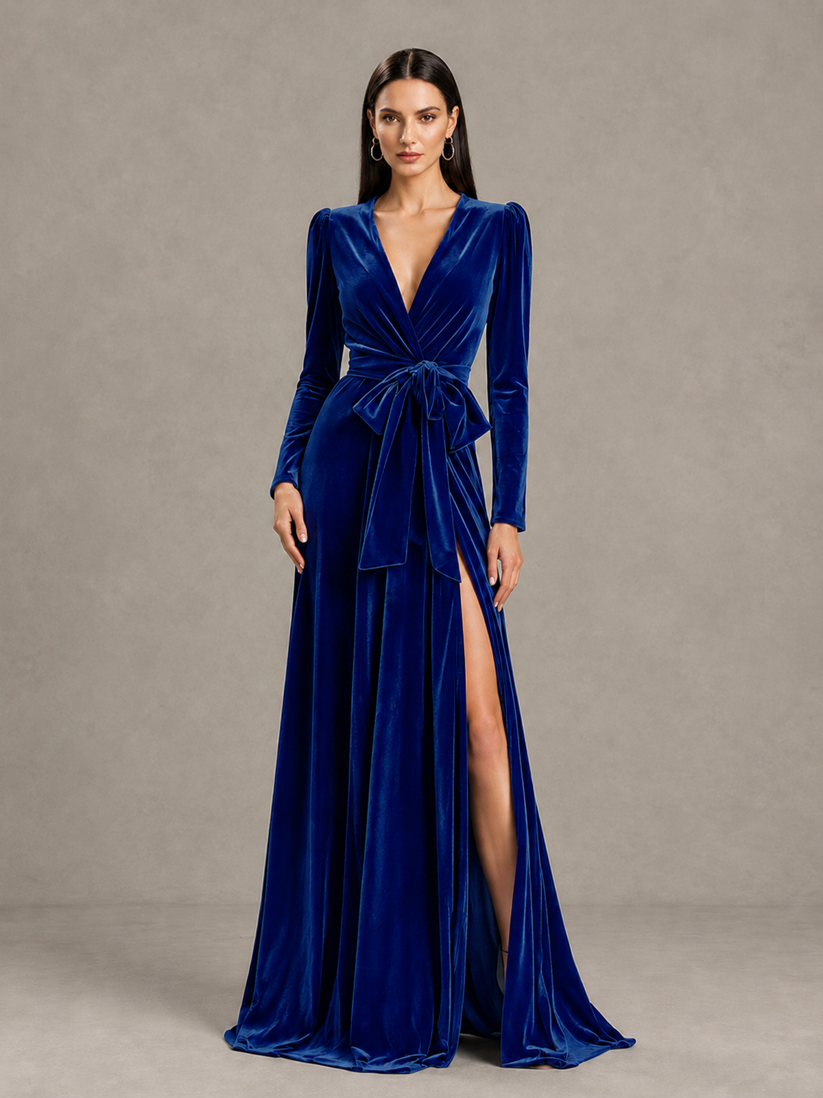 BOLODOO Royal Blue Long Sleeve Velvet-Look Evening Dress with High Slit - Royal Blue - Royal Blue_4