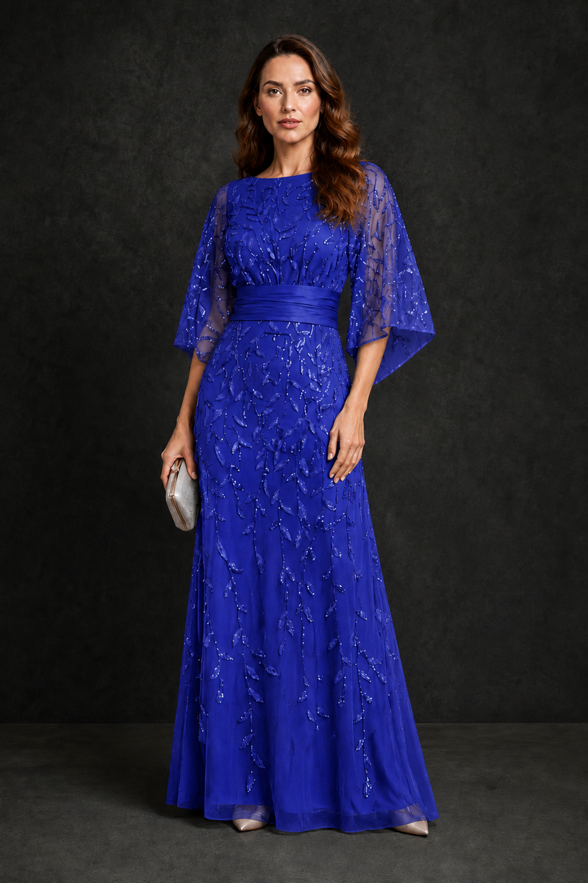BOLODOO Royal Blue Bateau Neck Bell Sleeve Sequin Embroidered Satin Waist A-Line Maxi Dress - Royal Blue - Royal_Blue_4