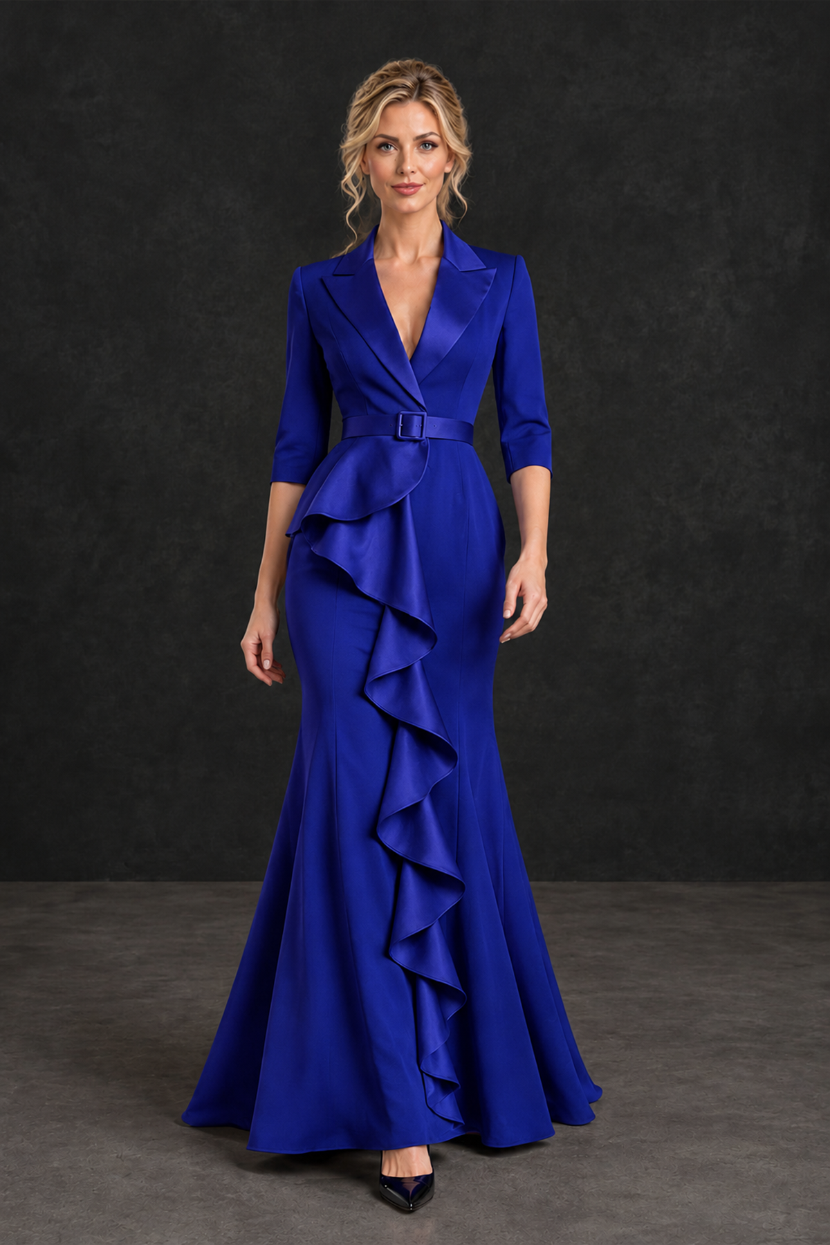 BOLODOO Royal Blue Lapel Ruffle Mother of the Bride Dress with Belt - Royal Blue - Royal Blue_4