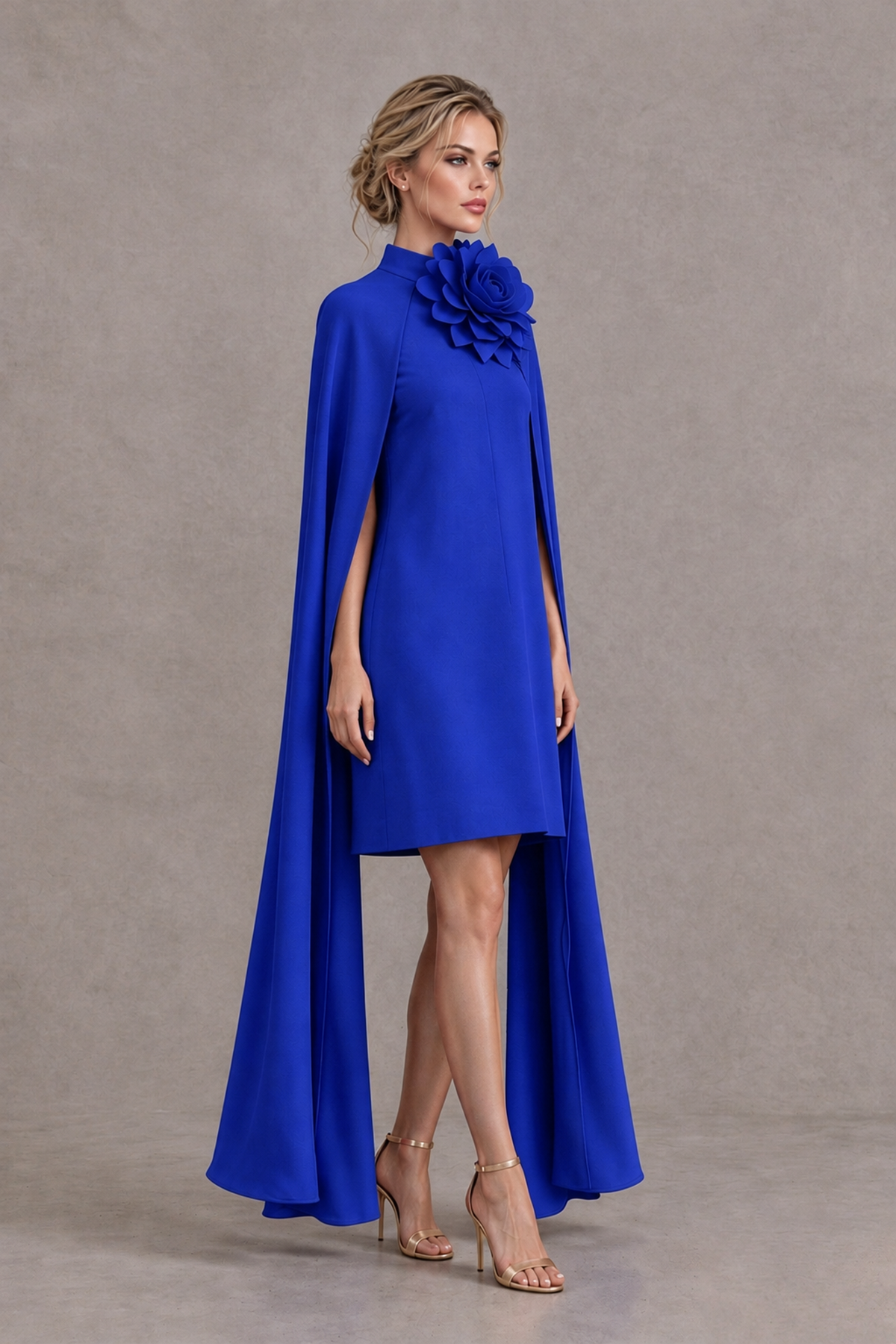 BOLODOO Royal Blue High Neck Floral Cape Mini Cocktail Dress - Royal Blue - Royal Blue_4