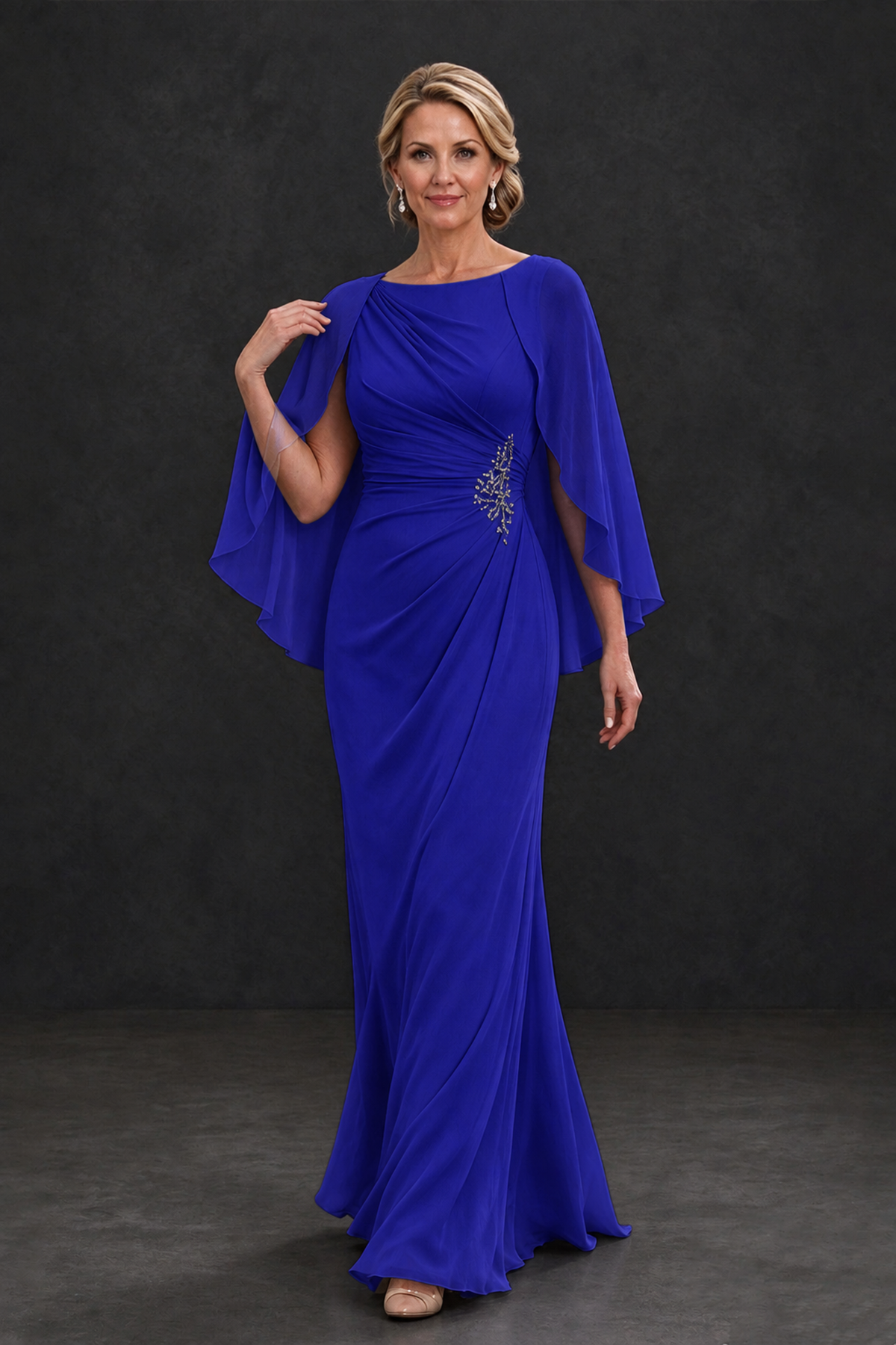 BOLODOO Royal Blue Cape Sleeve Mother of the Bride Dress with Ruched Waist - Royal Blue - Royal Blue_4