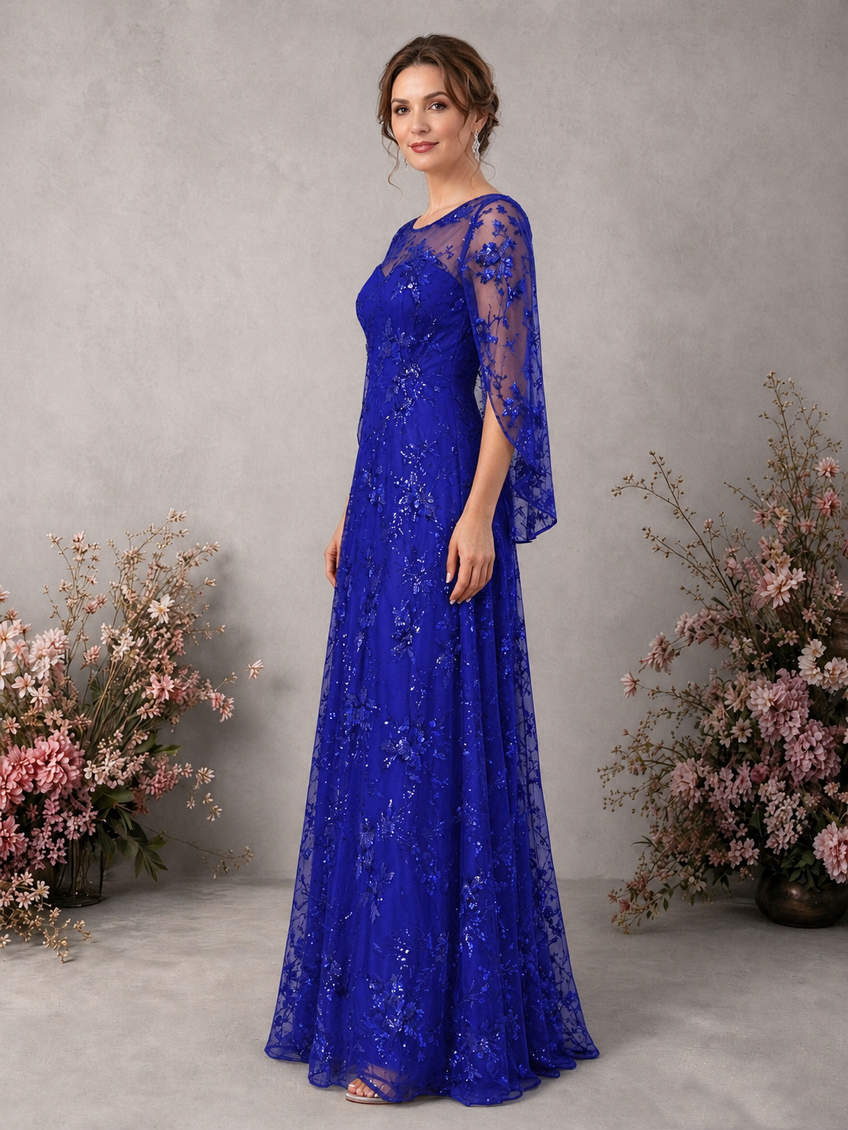 BOLODOO Royal Blue Sequin Lace Cape Sleeve Formal Evening Gown - Royal Blue - Royal Blue_4