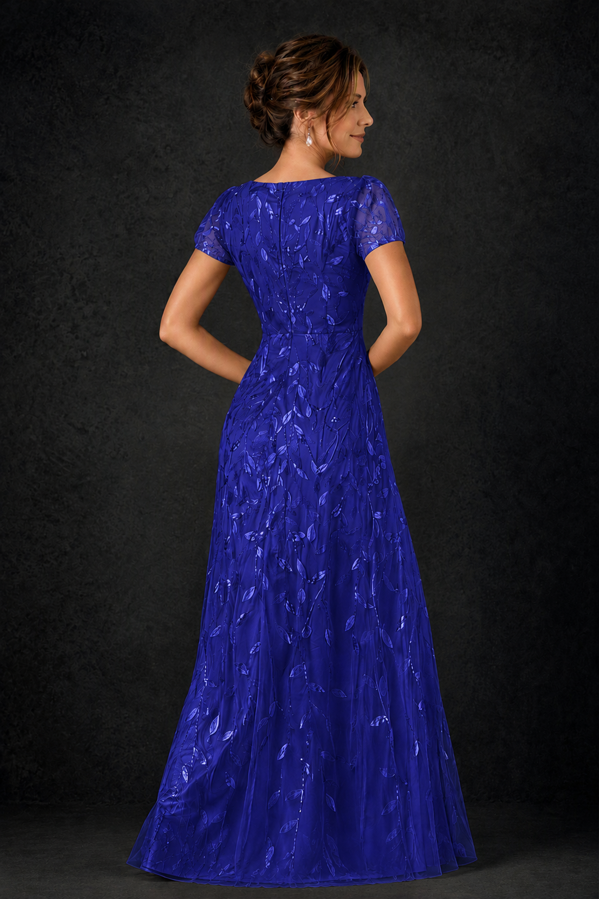 BOLODOO Royal Blue Leaf Embroidered A-Line Formal Gown with Cap Sleeves - Royal Blue - Royal_Blue_4