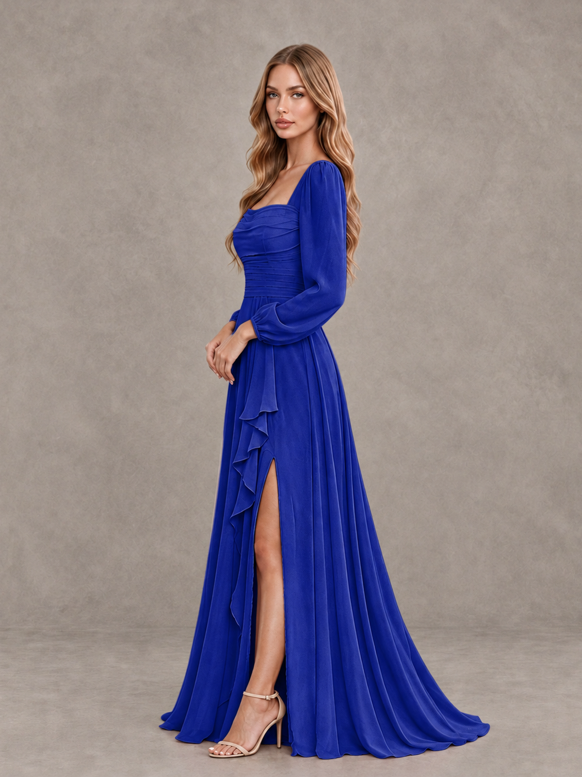 BOLODOO Royal Blue Square Neck Long Sleeve Bridesmaid Dress with Ruffle Slit - Royal Blue - Royal Blue_4