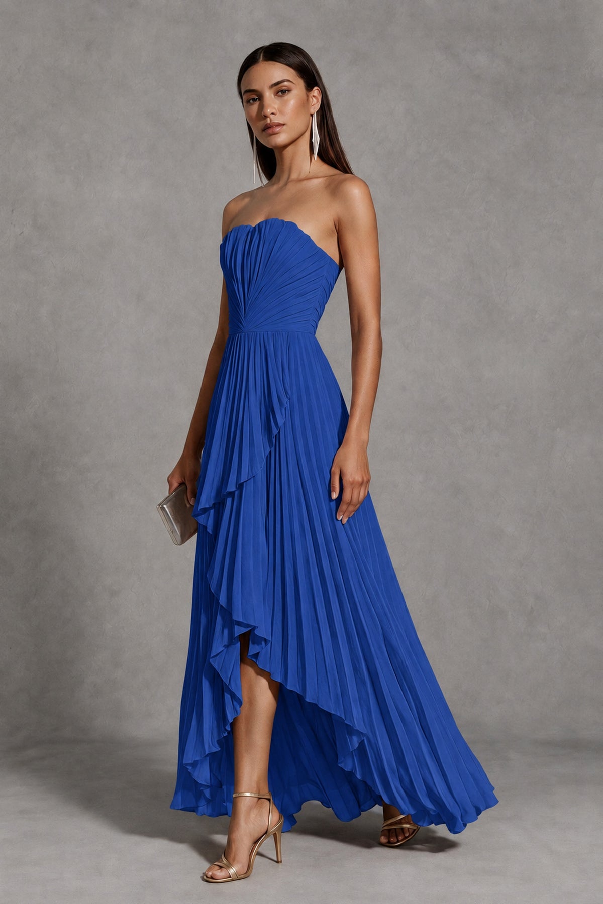 Royal Blue Strapless Pleated High-Low Evening Gown with Ruffle Hem - Royal Blue