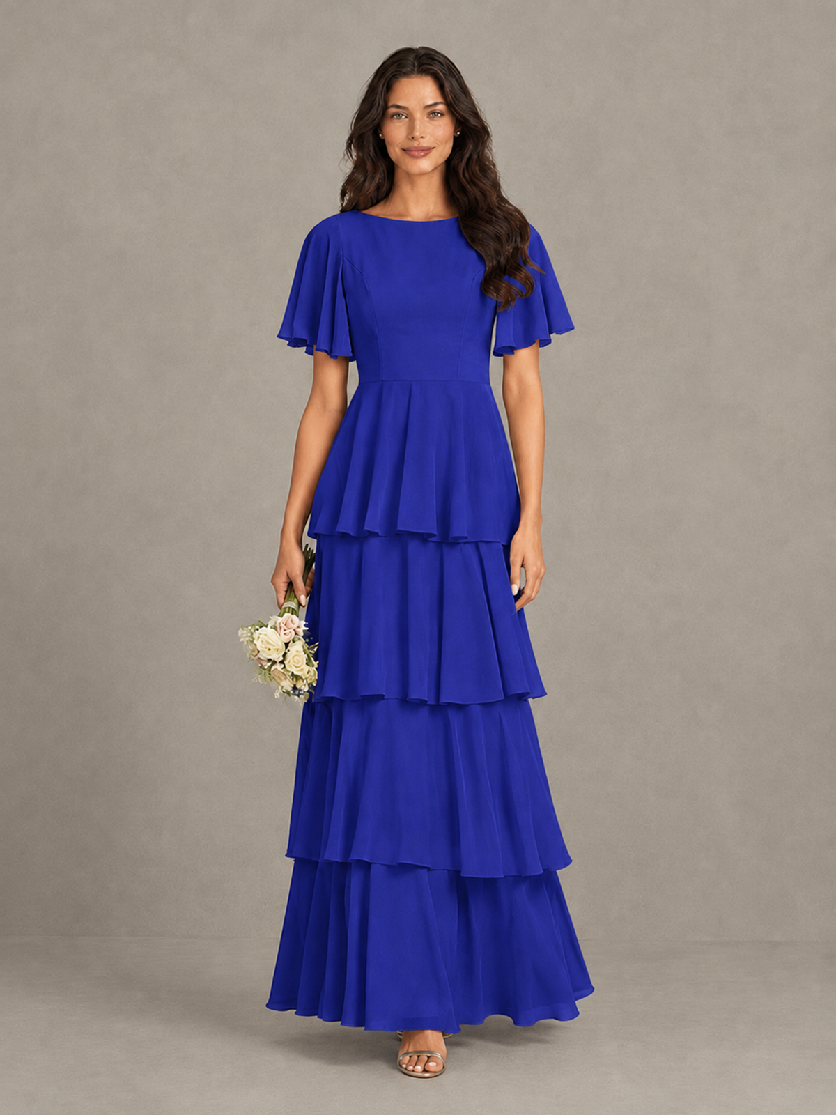 BOLODOO Royal Blue Tiered Flutter Sleeve Bridesmaid Dress - Royal Blue - Royal Blue_4