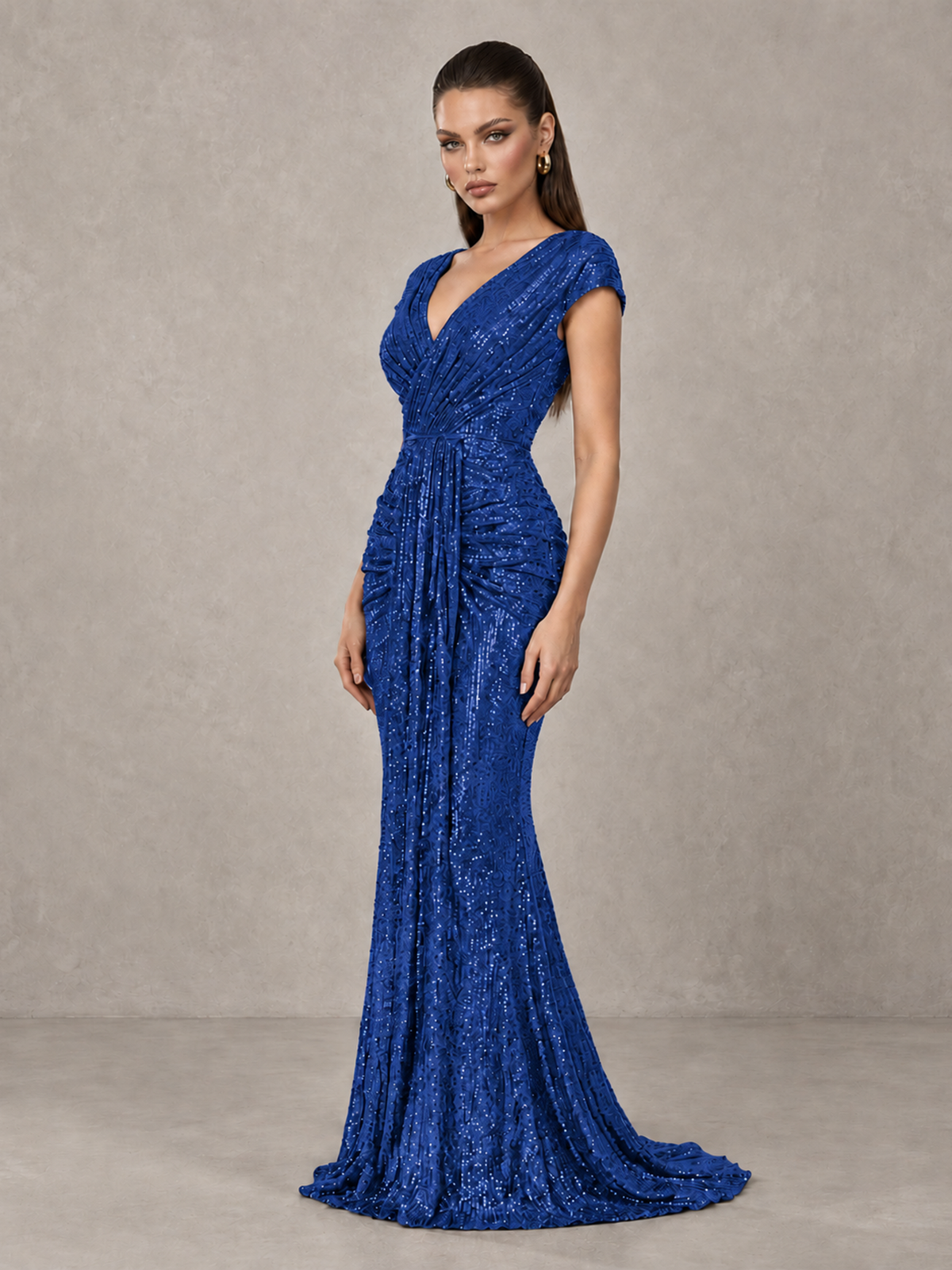 BOLODOO Royal Blue Glitter V-Neck Cap Sleeve Ruched Mermaid Evening Gown - Royal Blue - Royal Blue_4