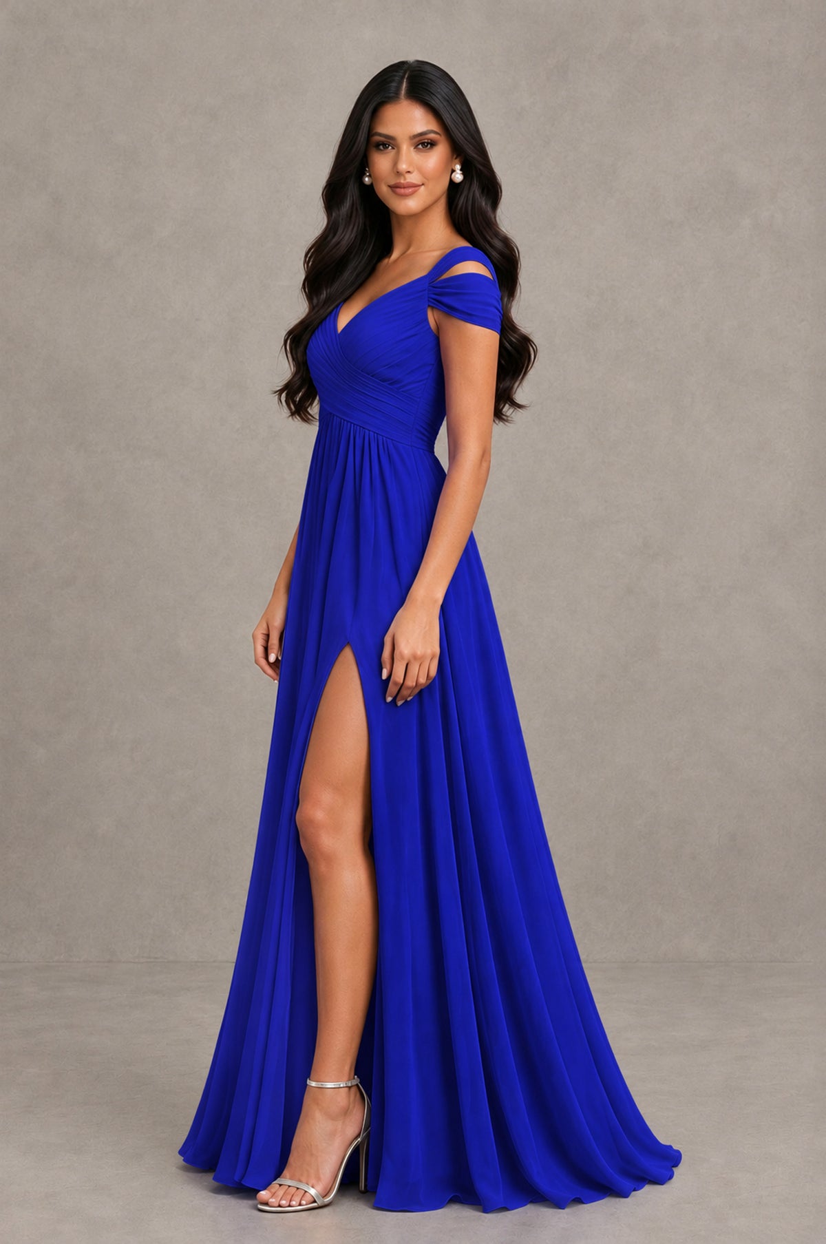 BOLODOO Royal Blue Cold Shoulder Chiffon Evening Dress with V Neck and High Slit - Royal Blue - Royal Blue_4