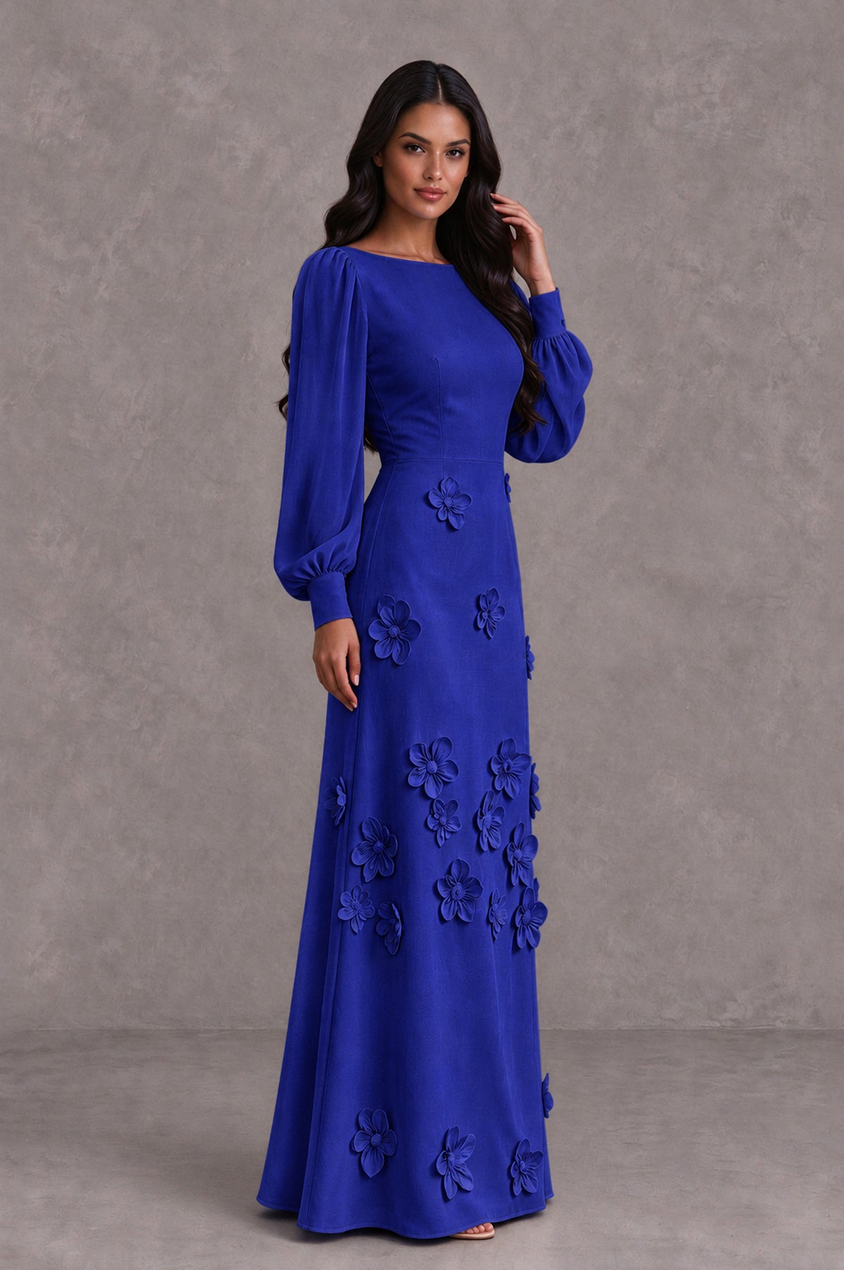 BOLODOO Royal Blue Long Sleeve Floral Applique A-Line Evening Dress - Royal Blue - Royal Blue_4