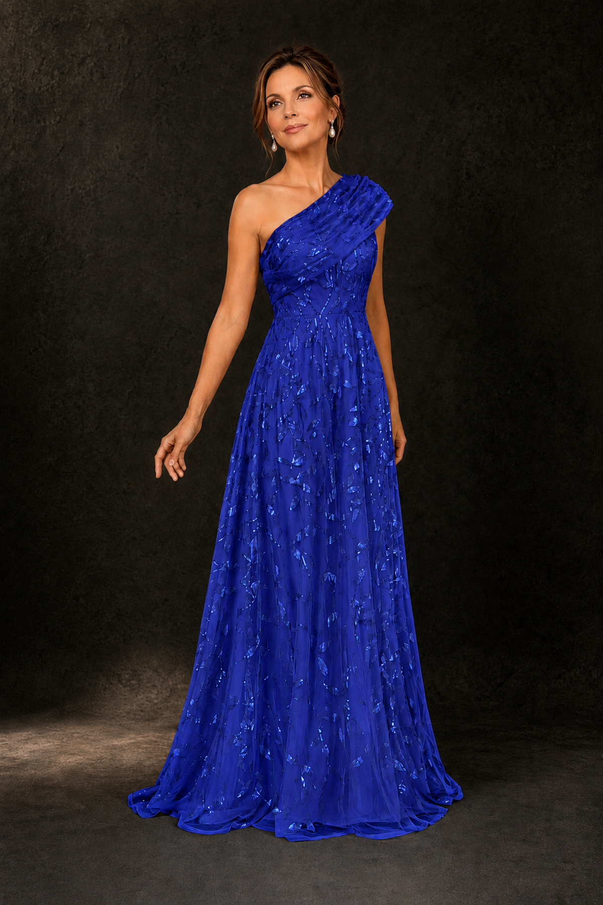 BOLODOO Royal Blue Leaf Sequin One-Shoulder A-Line Maxi Gown – Mother of the Bride & Formal Evening Dress - Royal Blue - Royal Blue_4