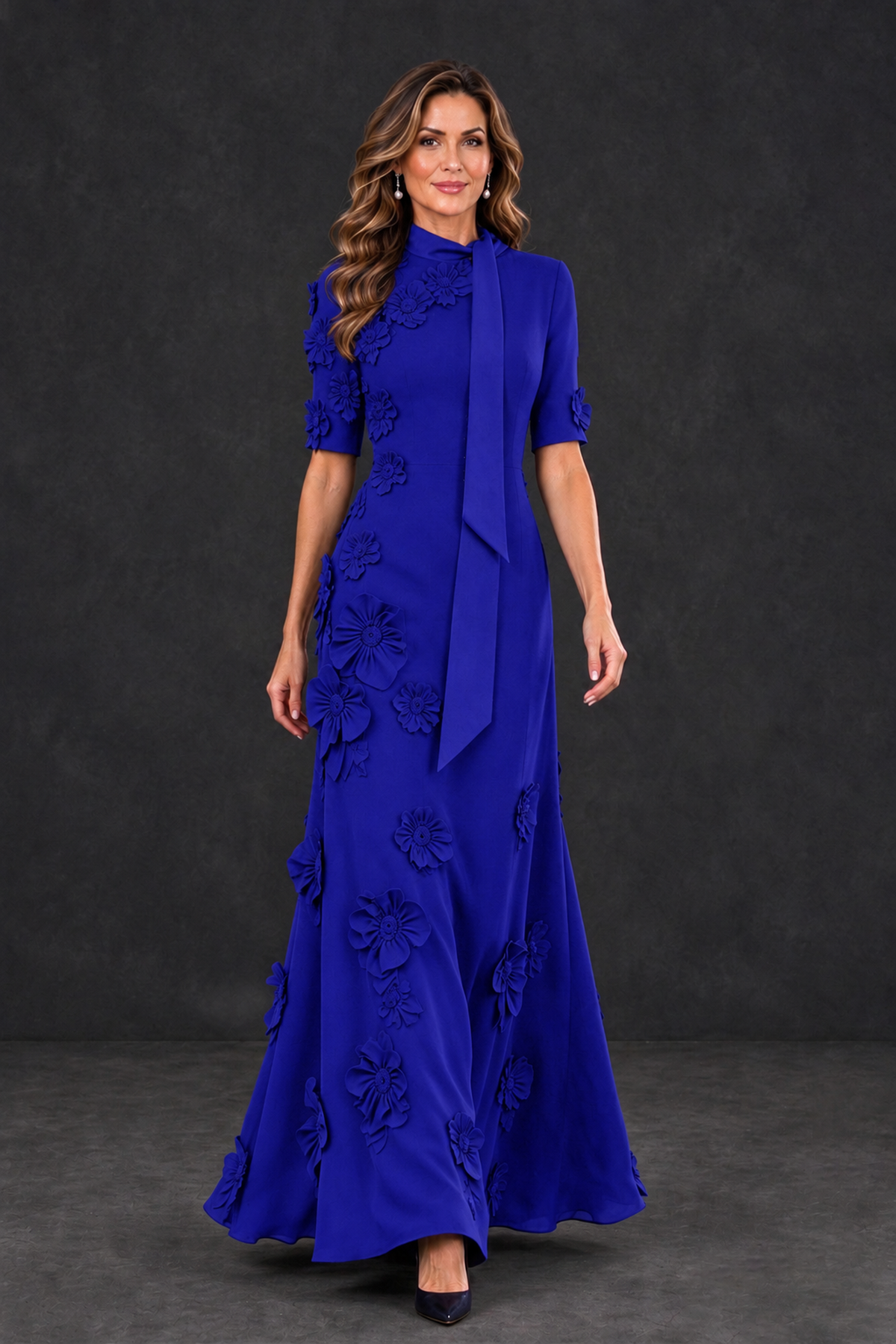 BOLODOO Royal Blue Floral Applique High-Neck Half-Sleeve Gown - Royal Blue - Royal Blue_4