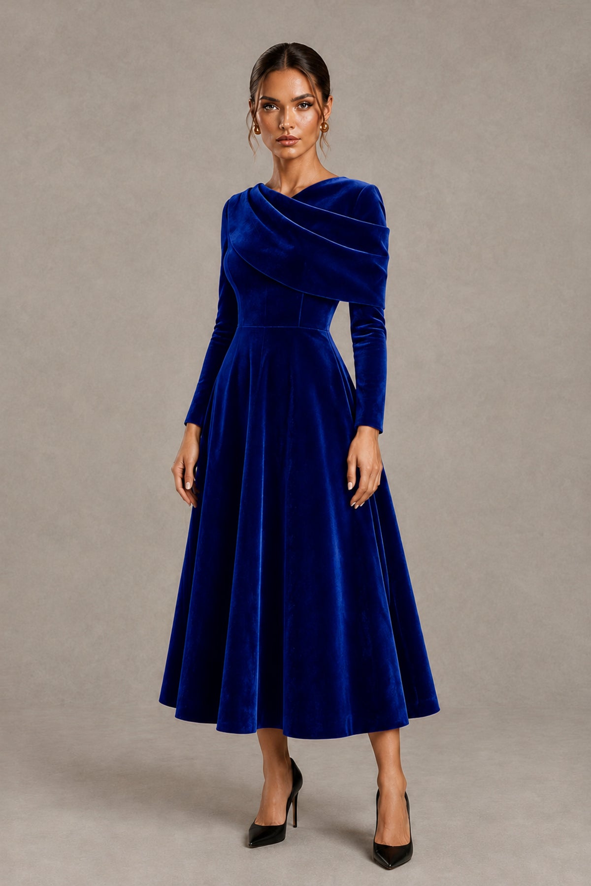 BOLODOO Royal Blue Velvet-Look Long Sleeve Tea-Length A-Line Dress with Draped Neckline - Royal Blue - Royal Blue_4