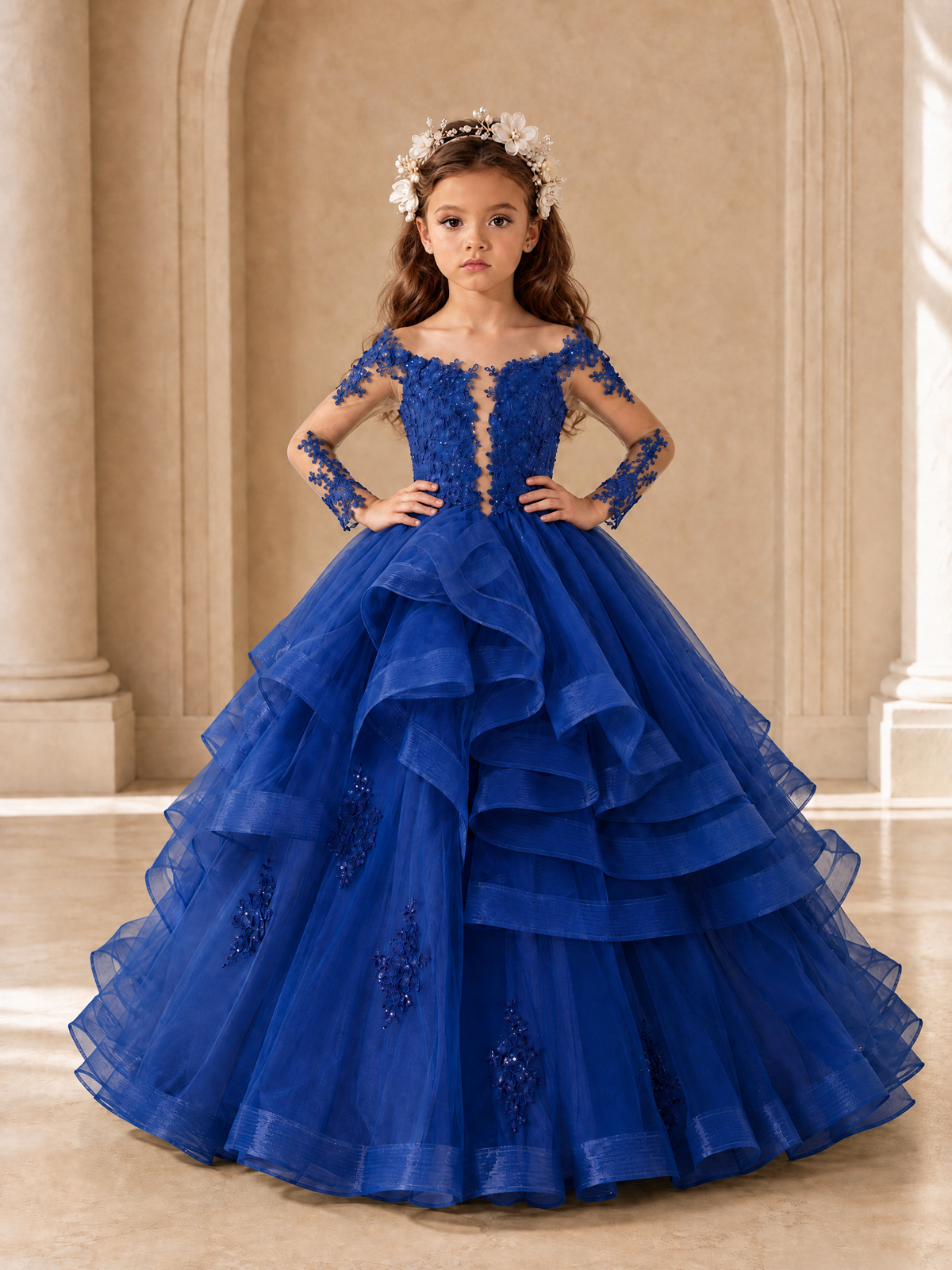 BOLODOO Royal Blue Lace Long Sleeve Tiered Flower Girl Dress - Royal Blue - Royal_Blue_4