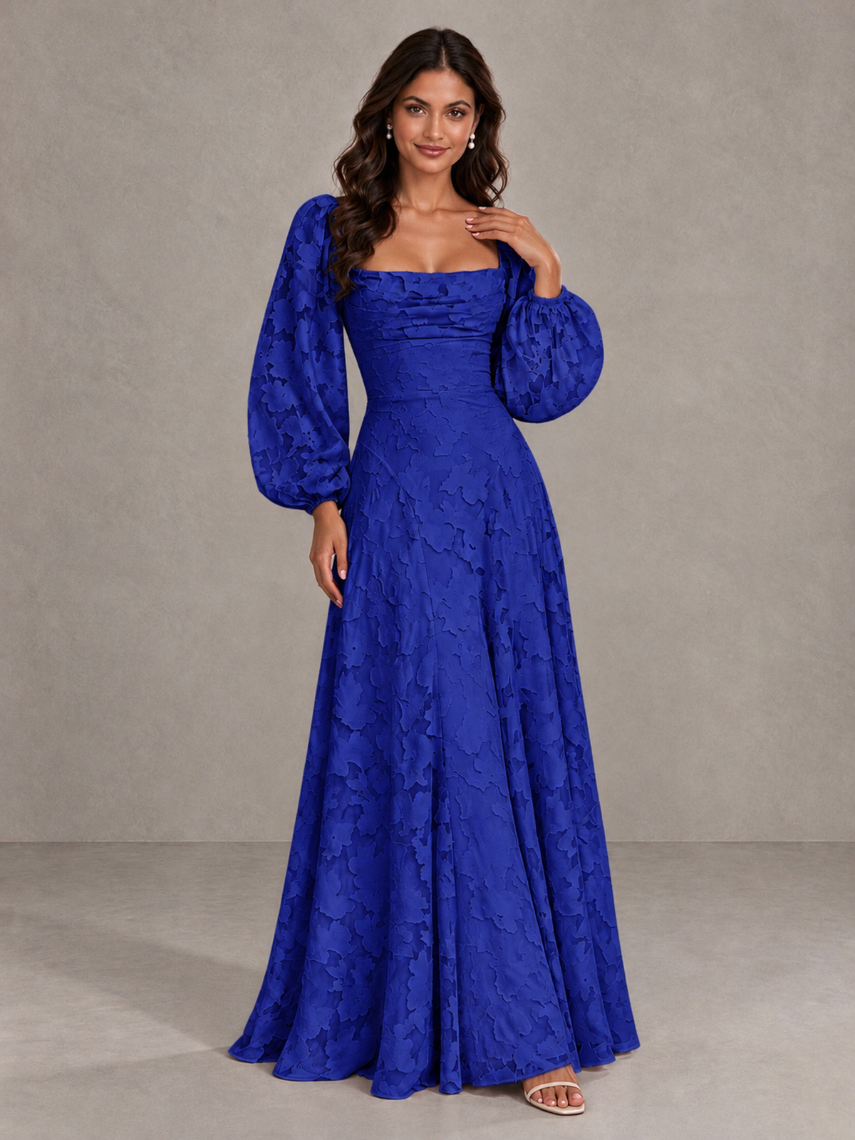 BOLODOO Royal Blue Floral Long Sleeve A-Line Bridesmaid Dress - Royal Blue - Royal Blue_4
