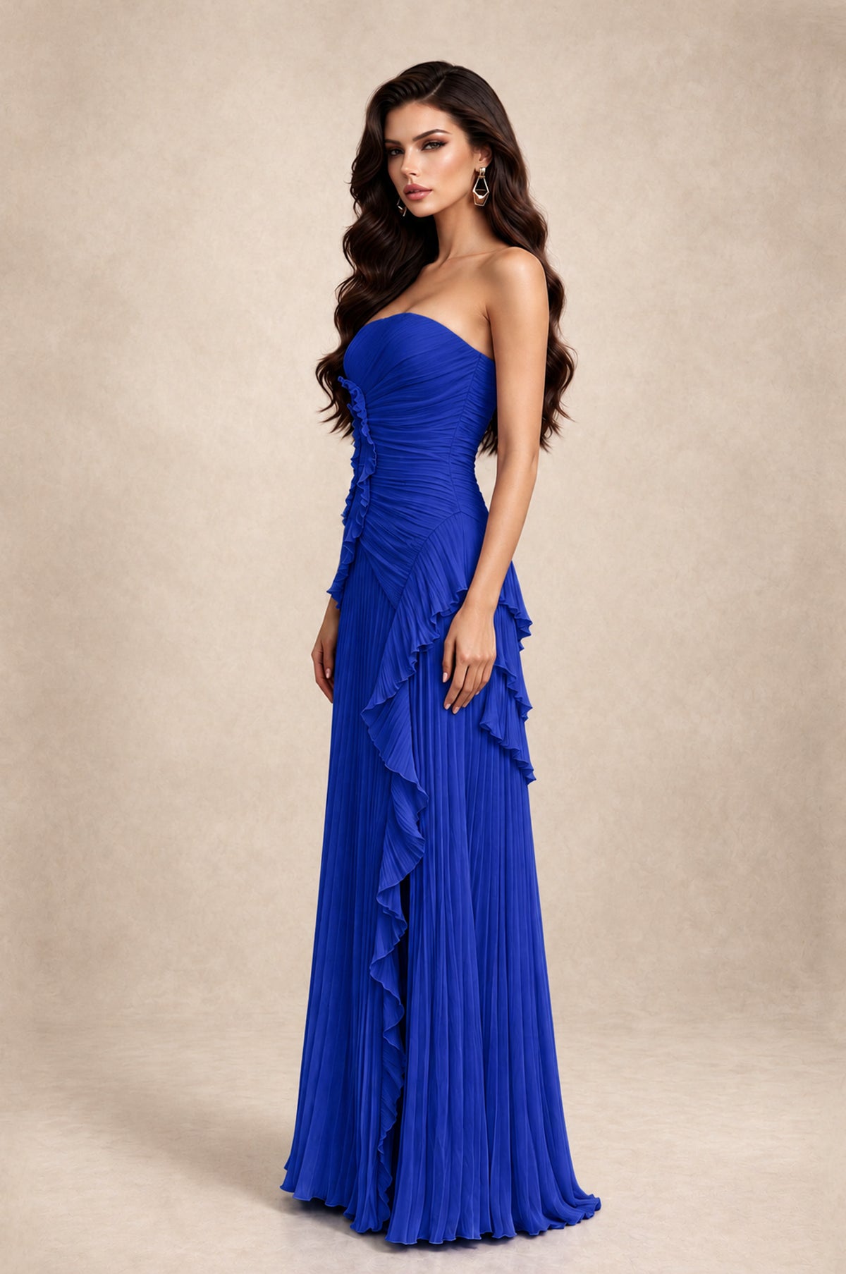 BOLODOO Royal Blue Strapless Ruffle Pleated Slit Evening Gown - Royal Blue - Royal Blue_4