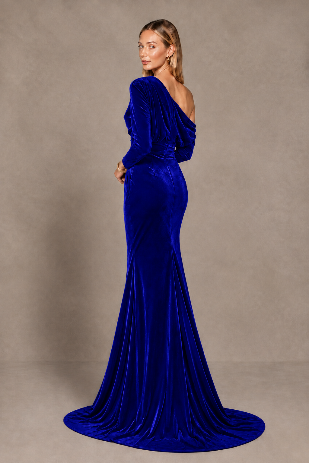 BOLODOO Royal Blue Velvet Asymmetric Neck Mermaid Evening Dress - Royal Blue - Royal Blue_4