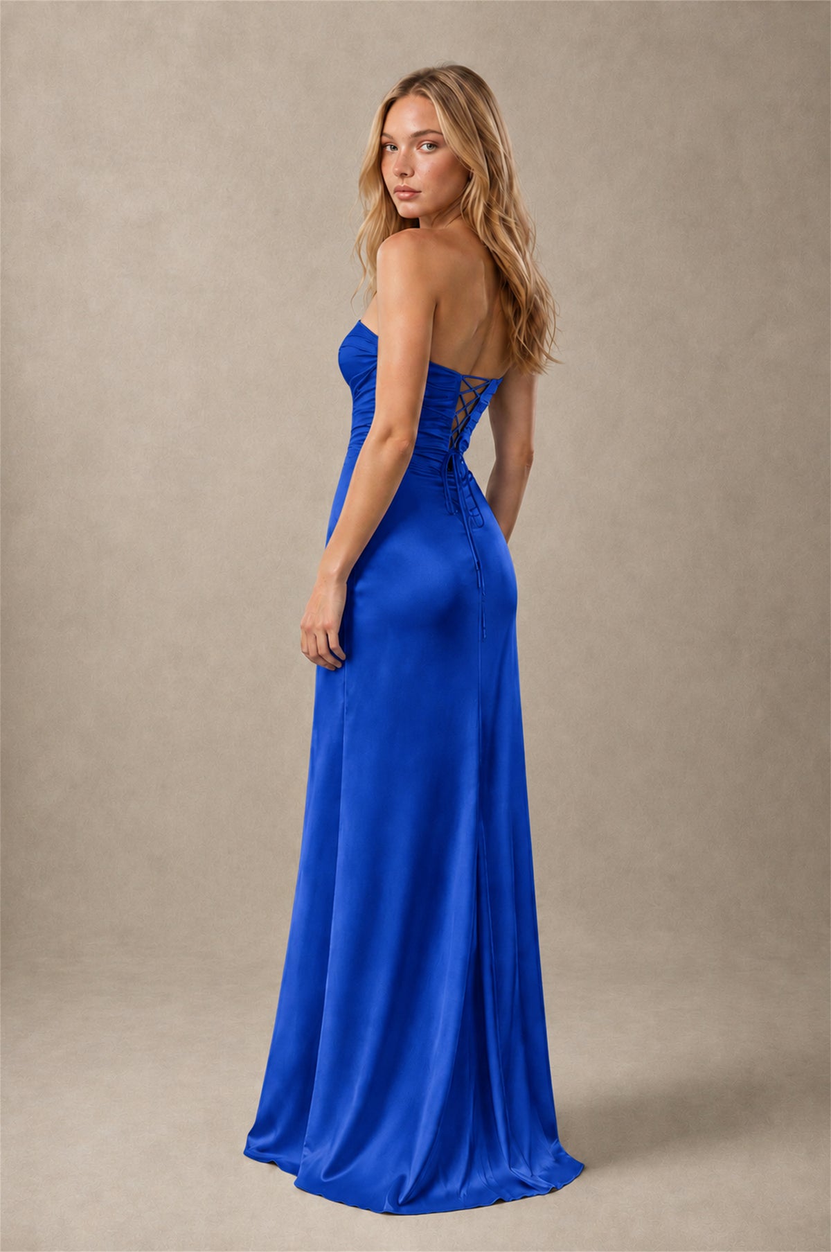 BOLODOO Royal Blue Sweetheart Strapless Twist Knot Cutout Lace-Up Back Satin Mermaid Maxi Dress - Royal Blue - Royal Blue(4)