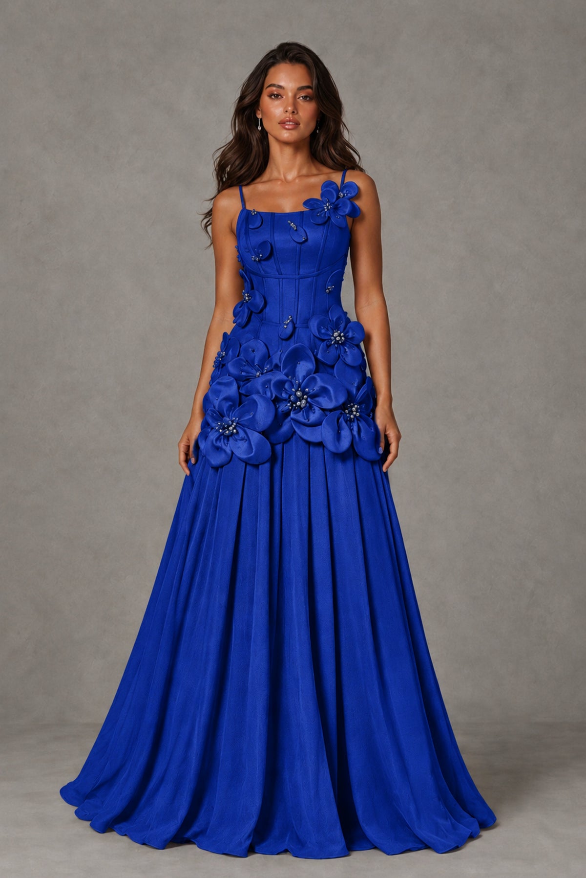 BOLODOO Royal Blue 3D Floral Appliqué Floor-Length A-Line Evening Gown - Royal Blue