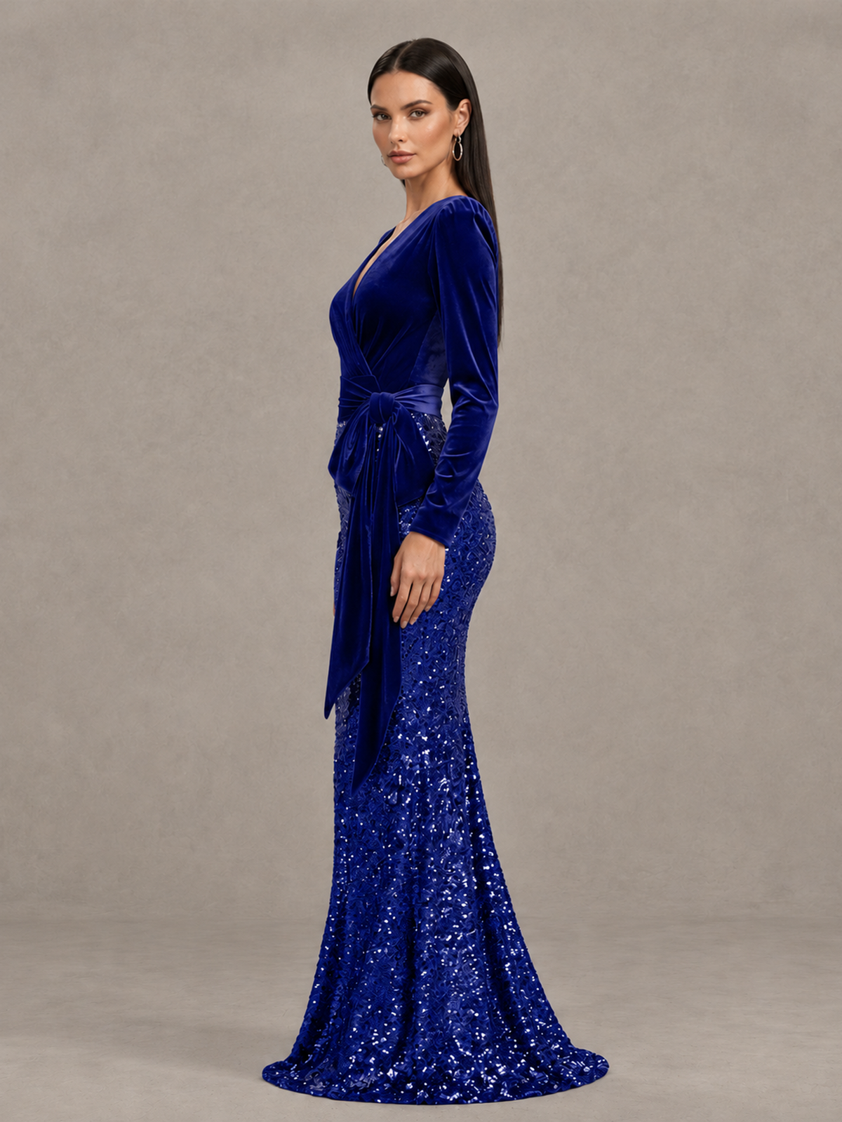BOLODOO Royal Blue Velvet & Sequin Long Sleeve V-Neck Mermaid Evening Gown - Royal Blue - Royal Blue_4
