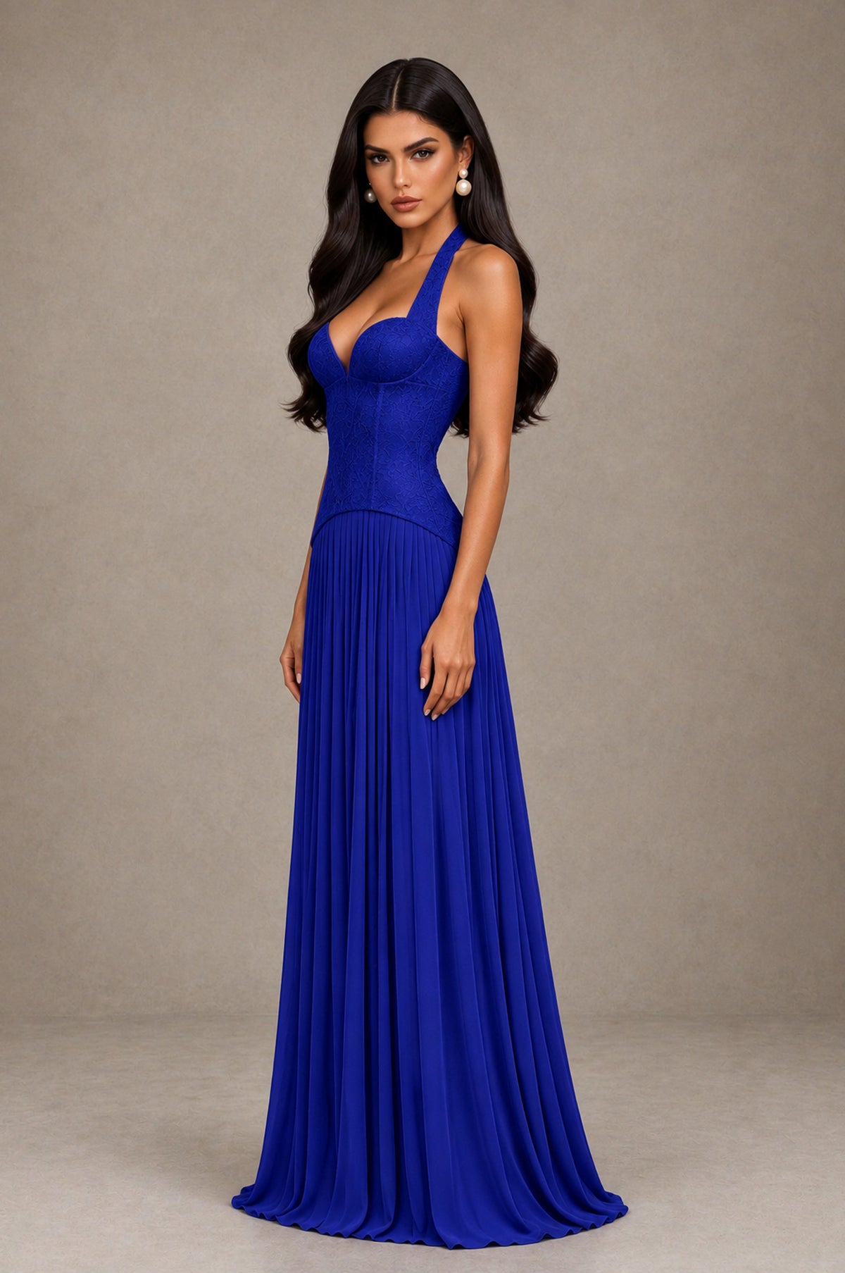 BOLODOO Royal Blue Halter Corset Pleated A-Line Evening Dress - Royal Blue - Royal Blue_4