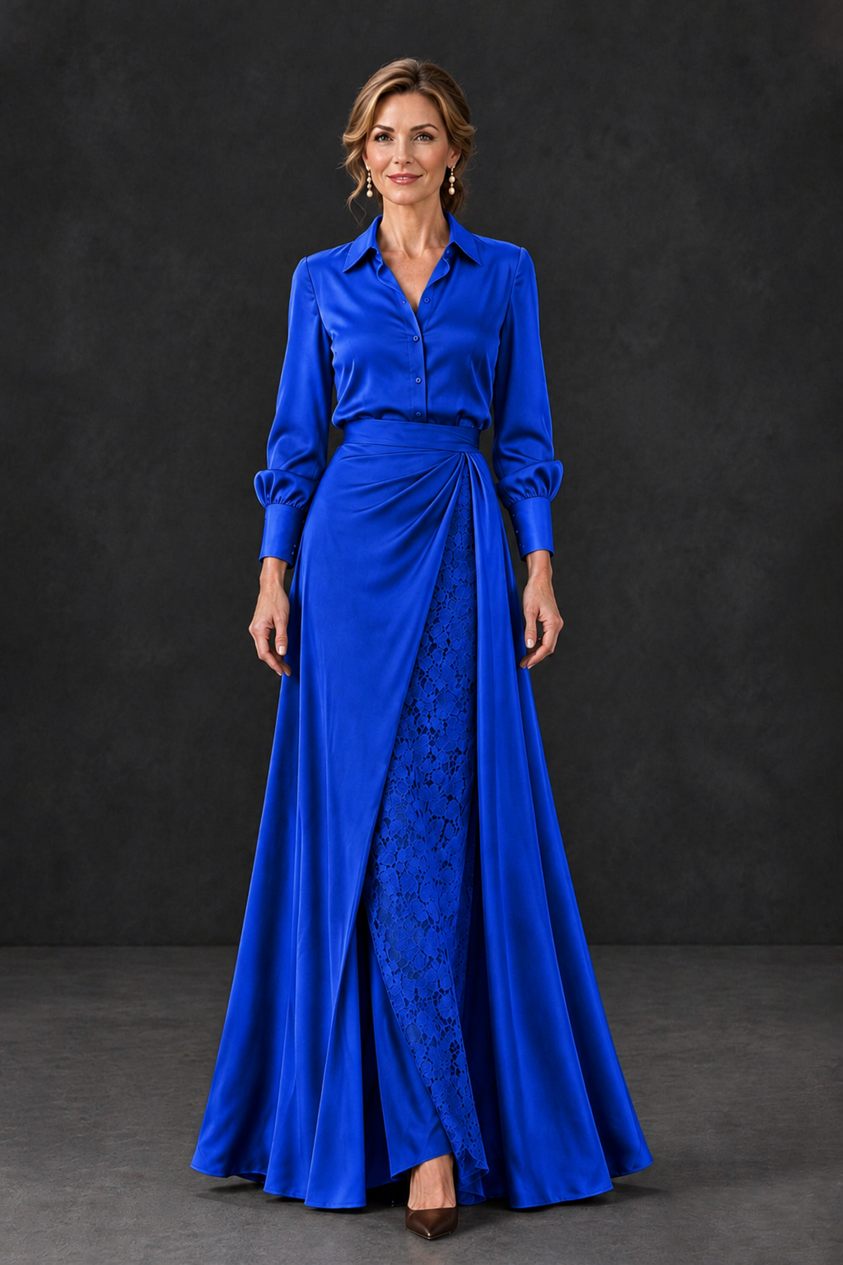 BOLODOO Royal Blue Long Sleeve Satin-Look Lace Panel Gown - Royal Blue - Royal Blue_4