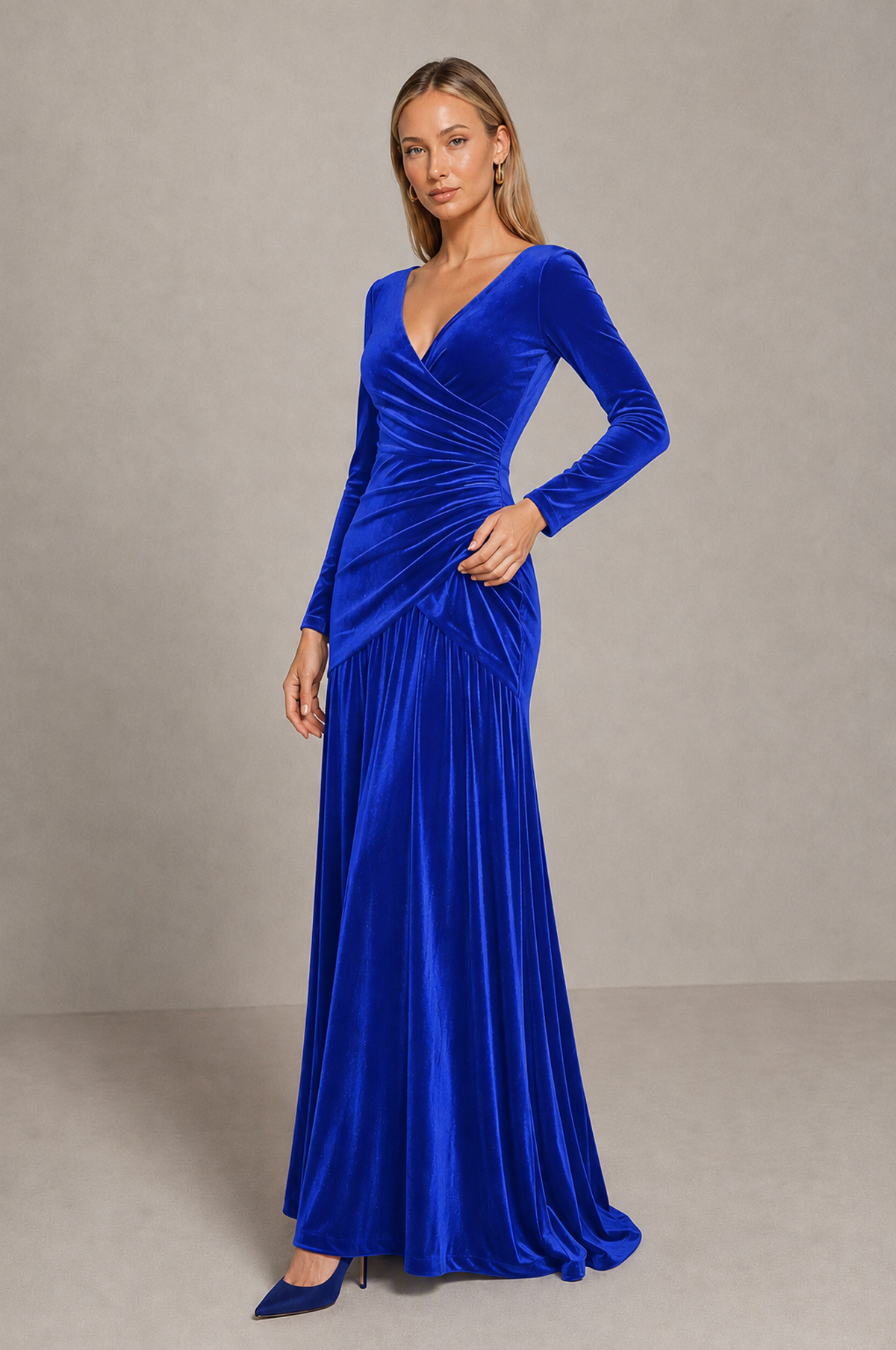 BOLODOO Royal Blue Velvet Long Sleeve V-Neck Ruched Evening Dress - Royal Blue - Royal_Blue_4