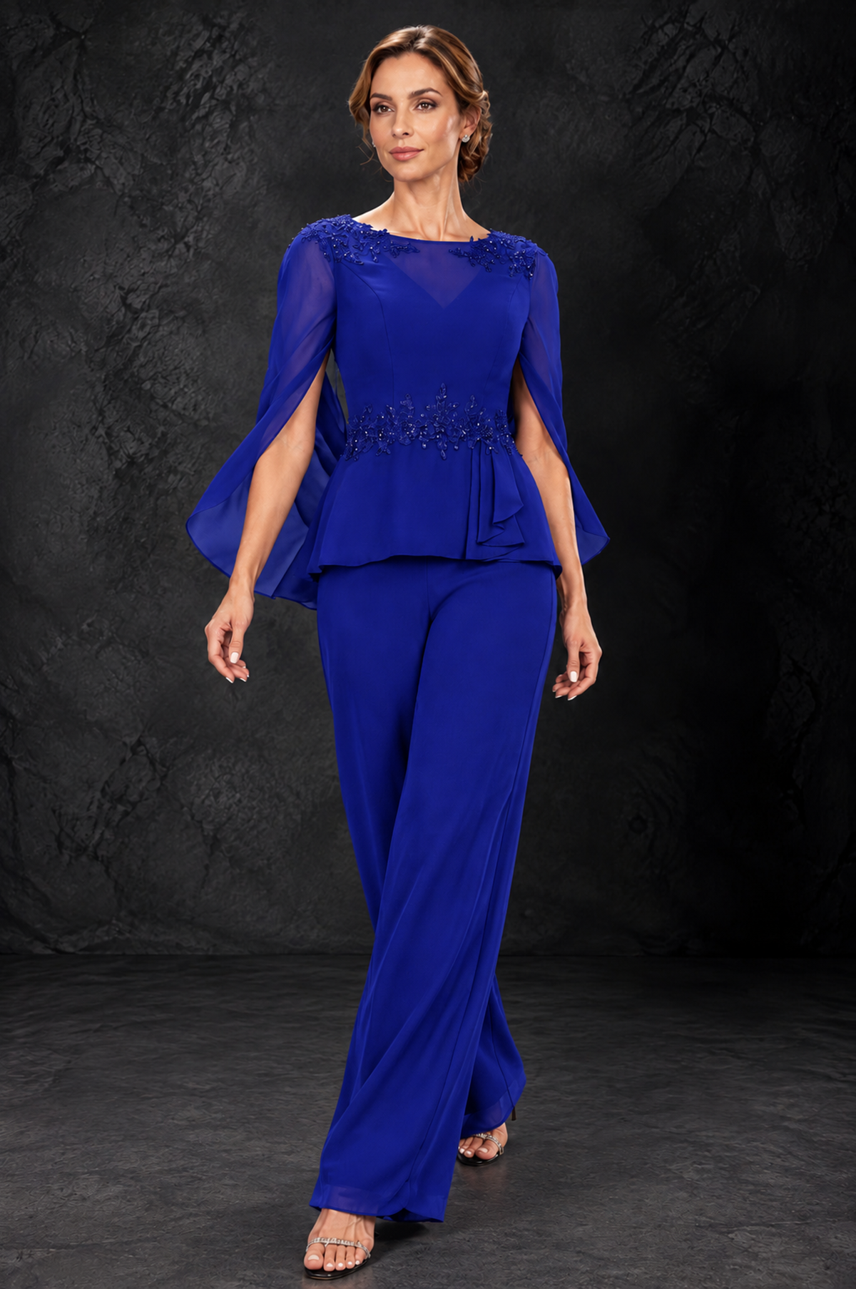 BOLODOO Royal Blue Embellished Cape Sleeve Mother of the Bride Pantsuit - Royal Blue - Royal_Blue_4
