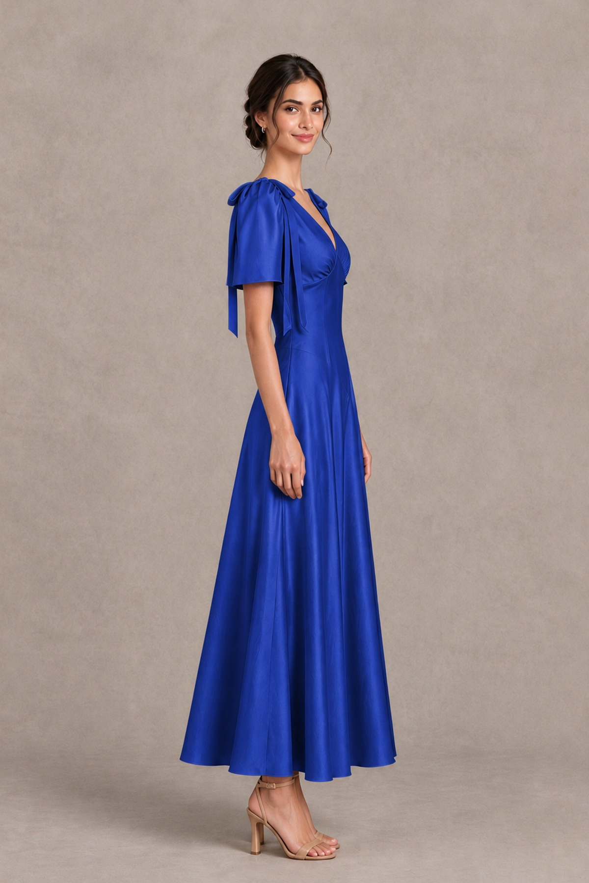 BOLODOO Royal Blue V-Neck Short Sleeve Satin-Look Bridesmaid Dress with Shoulder Bows - Royal Blue - Royal Blue_4