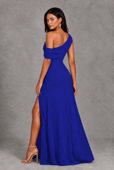 Royal Blue One-Shoulder Floor-Length Evening Gown with High Slit - Royal Blue