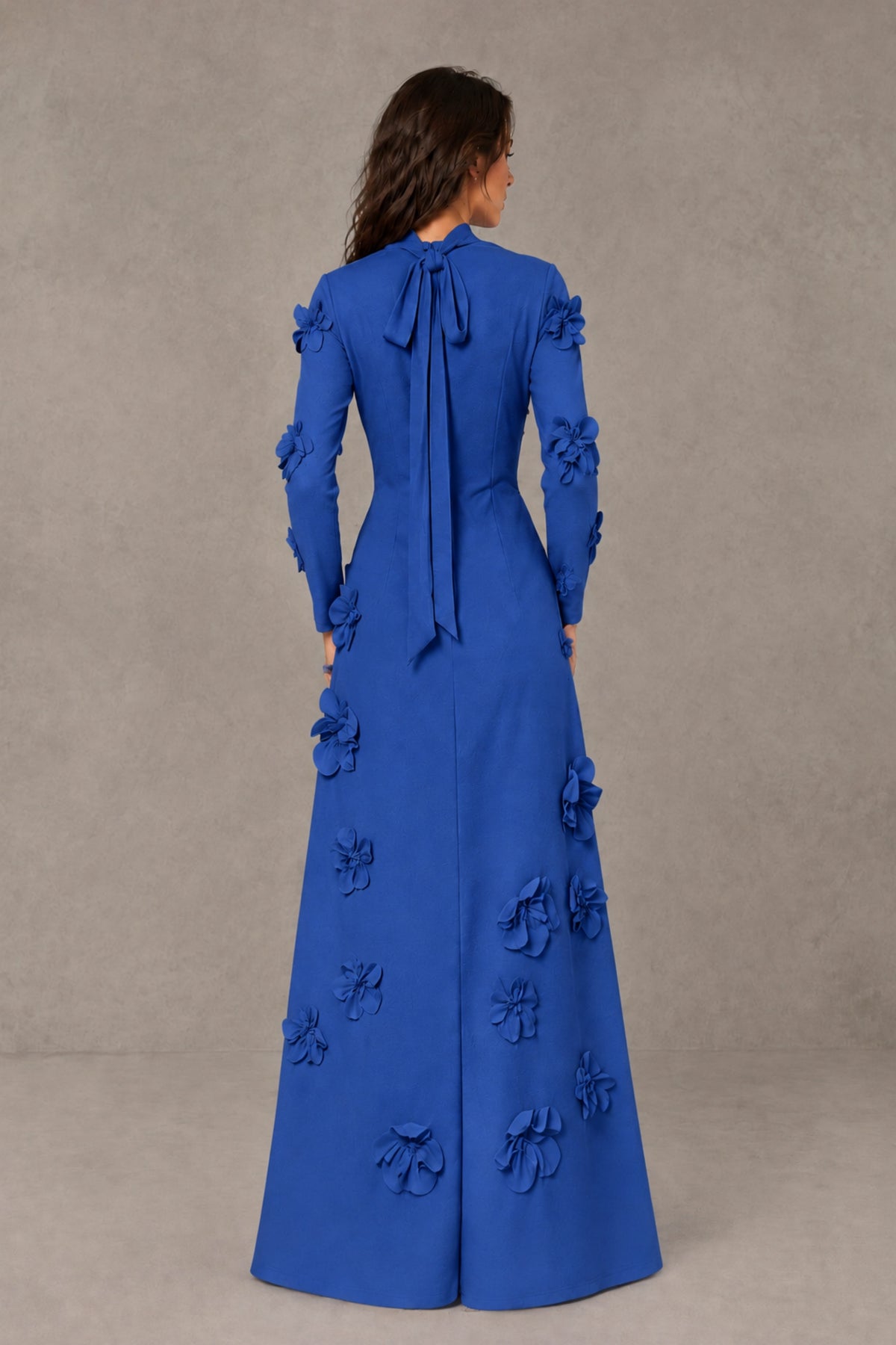 BOLODOO Royal Blue High Neck Long Sleeve 3D Floral Evening Gown - Royal Blue