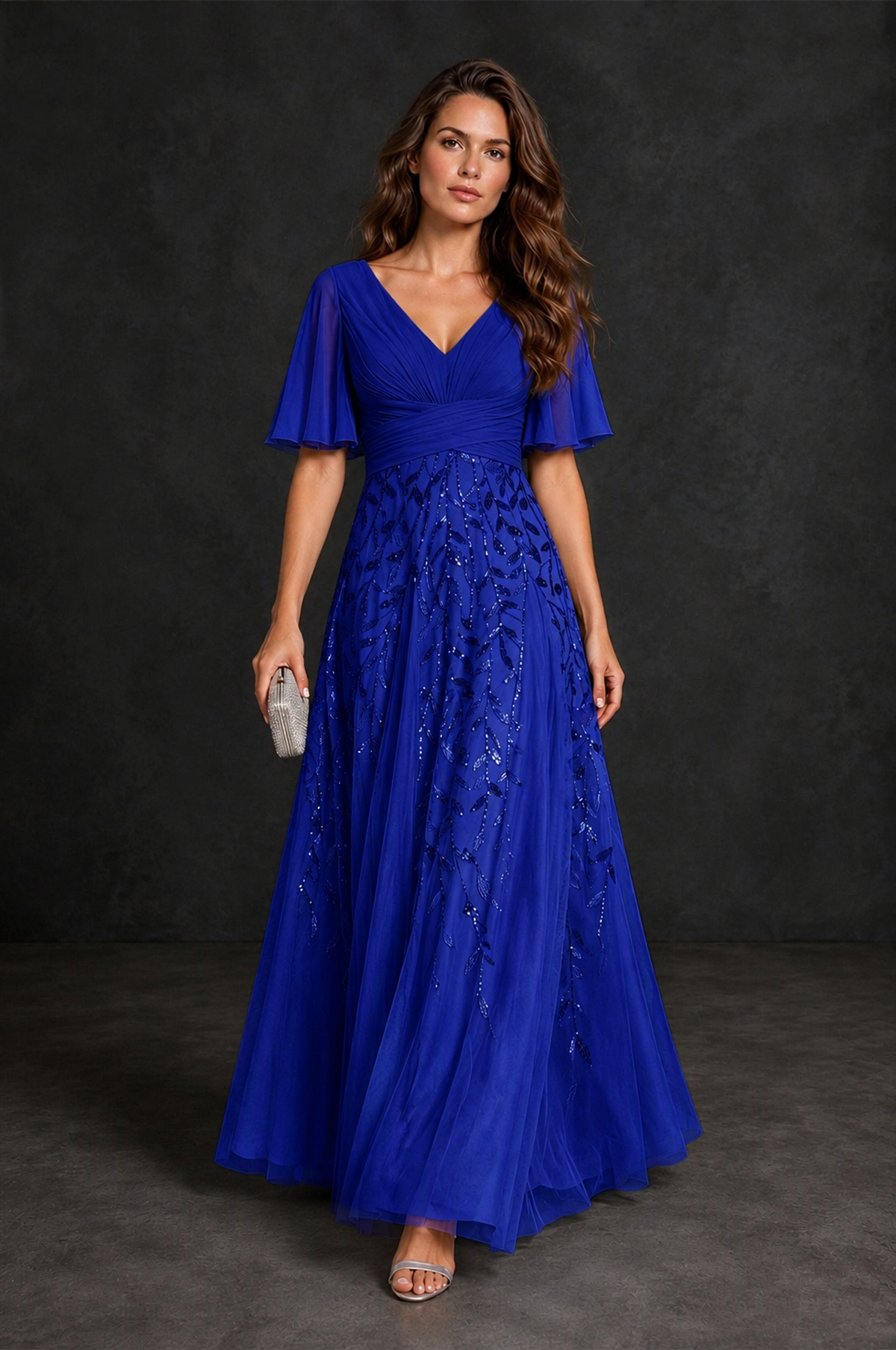 BOLODOO Royal Blue V-Neck Flutter Sleeve Beaded Botanical Tulle A-Line Gown | Mother of the Bride Evening Dress - Royal Blue - Royal Blue_4