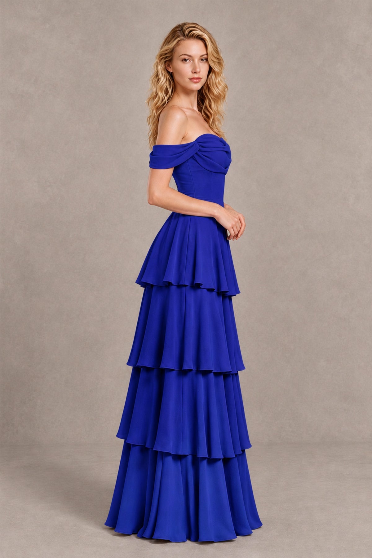 BOLODOO Royal Blue Off-the-Shoulder Tiered A-Line Evening Bridesmaid Dress - Royal Blue - Royal Blue_4