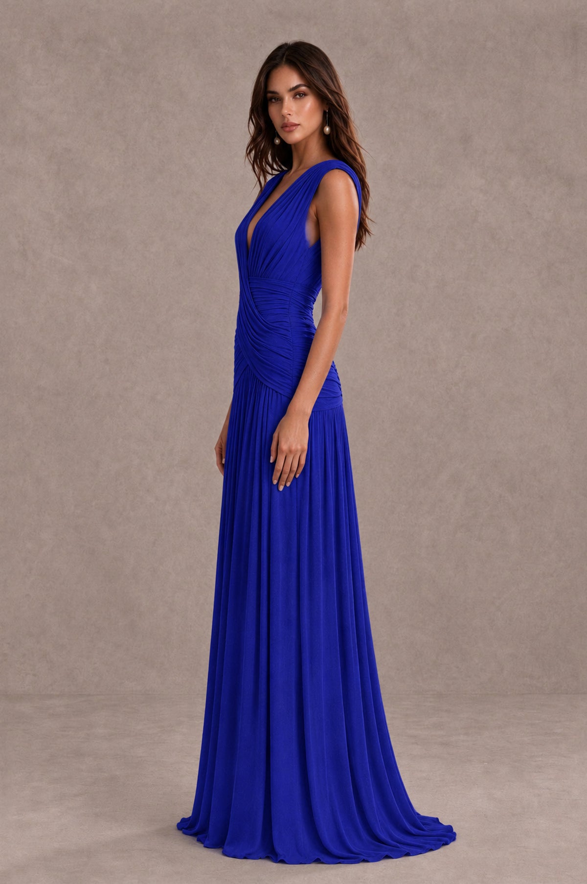 BOLODOO Royal Blue V-Neck Ruched Wedding Guest Dress - Royal Blue - Royal Blue_4