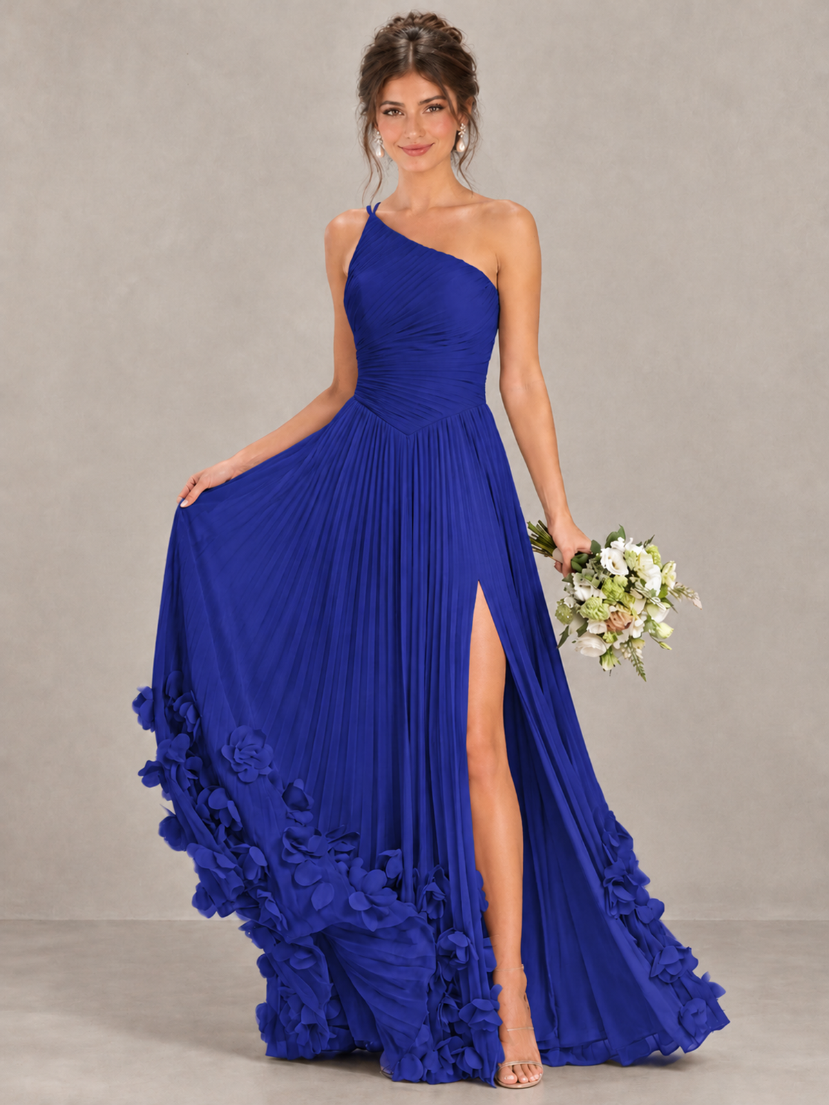 BOLODOO Royal Blue One-Shoulder Pleated Bridesmaid Dress with 3D Floral Hem - Royal Blue - Royal Blue_4