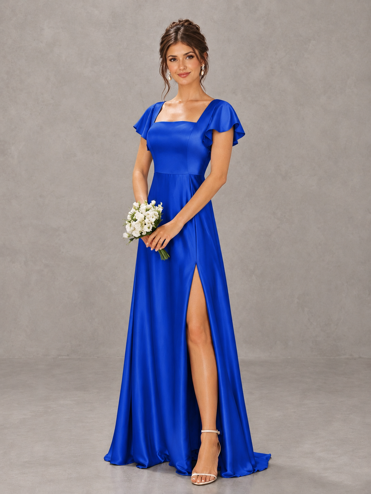 BOLODOO Royal Blue Satin Square Neck Flutter Sleeve A-Line Bridesmaid Dress with Slit - Royal Blue - Royal Blue_4