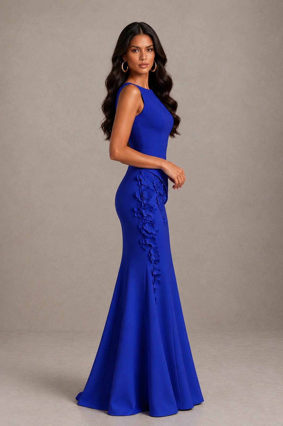 BOLODOO Royal Blue Bateau Neck Sleeveless Asymmetric Peplum 3D Petal Appliqué Mermaid Gown BD0421 - Royal Blue - Royal Blue_4