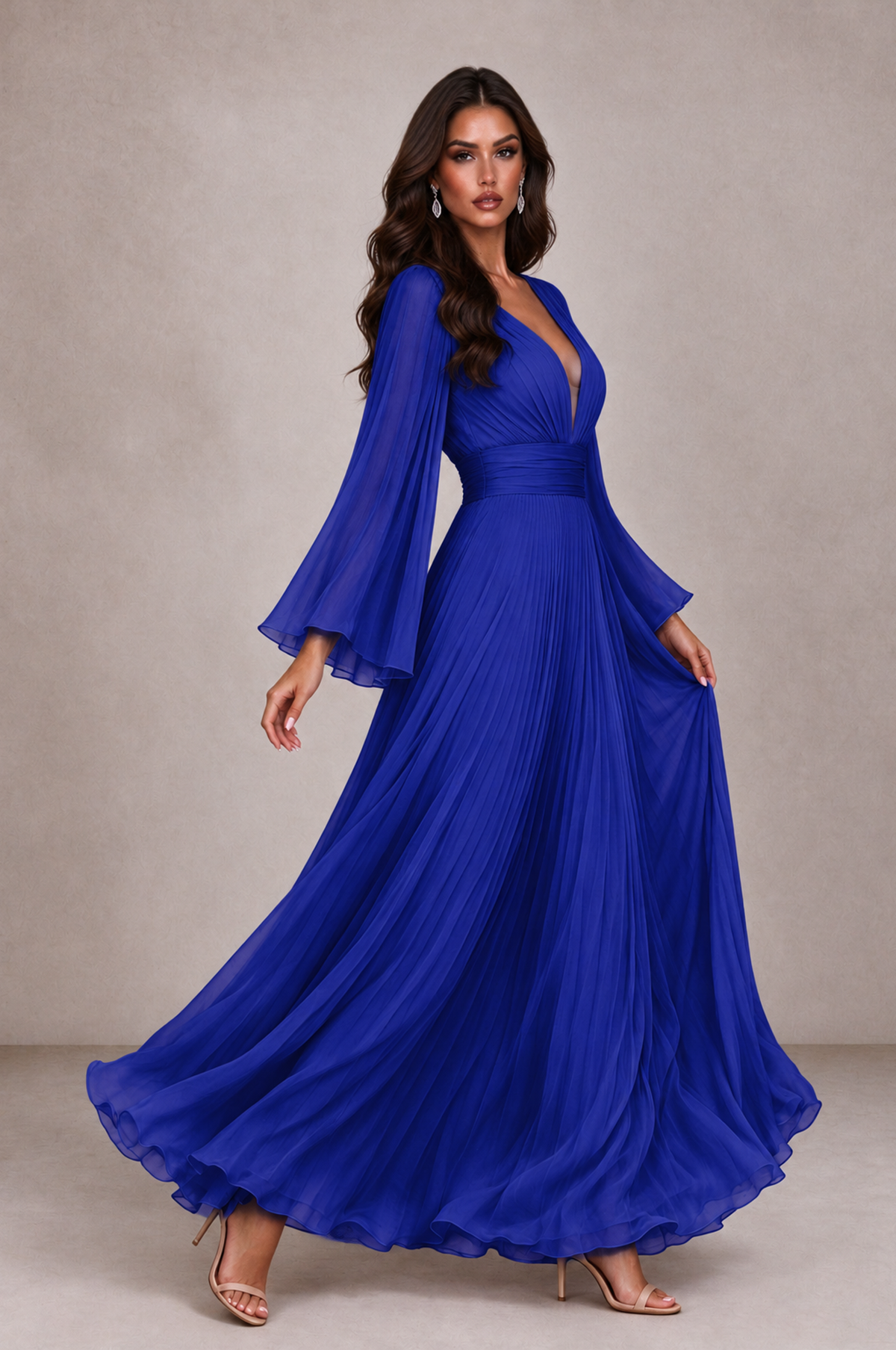 BOLODOO Royal Blue Pleated Deep V-Neck Long Bell Sleeve Evening Dress - Royal Blue - Royal_Blue_4